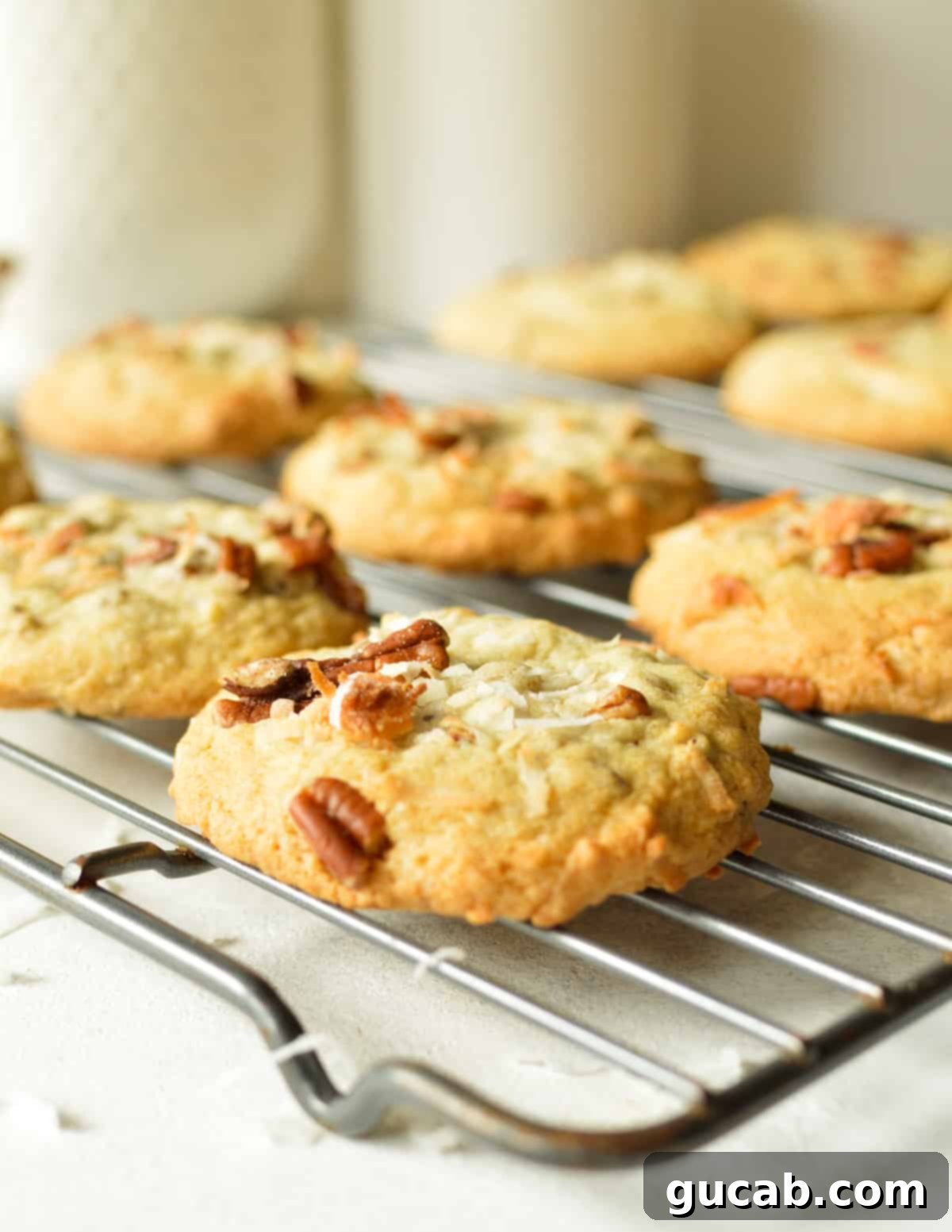 Budget-Friendly Feasts for a Crowd 19 Freshly baked coconut pecan cookies cooling on a wire rack.
