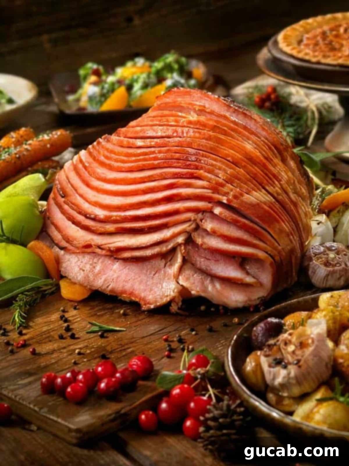 Budget-Friendly Feasts for a Crowd 9 Succulently sliced Dr. Pepper ham on a cutting board, glazed and ready to serve.