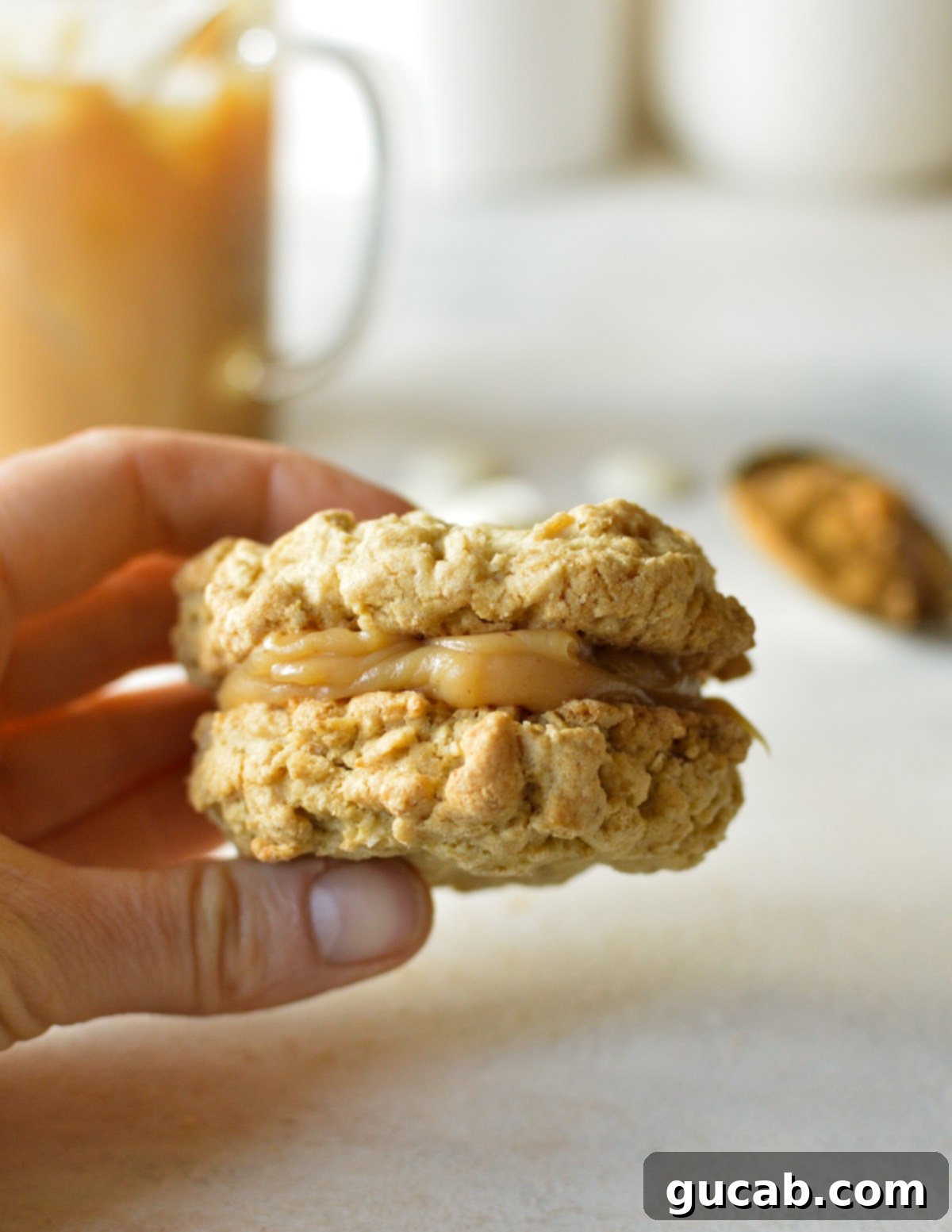 An oatmeal cookie perfectly filled with creamy homemade peanut butter ganache, showcasing its smooth texture and delicious appeal.