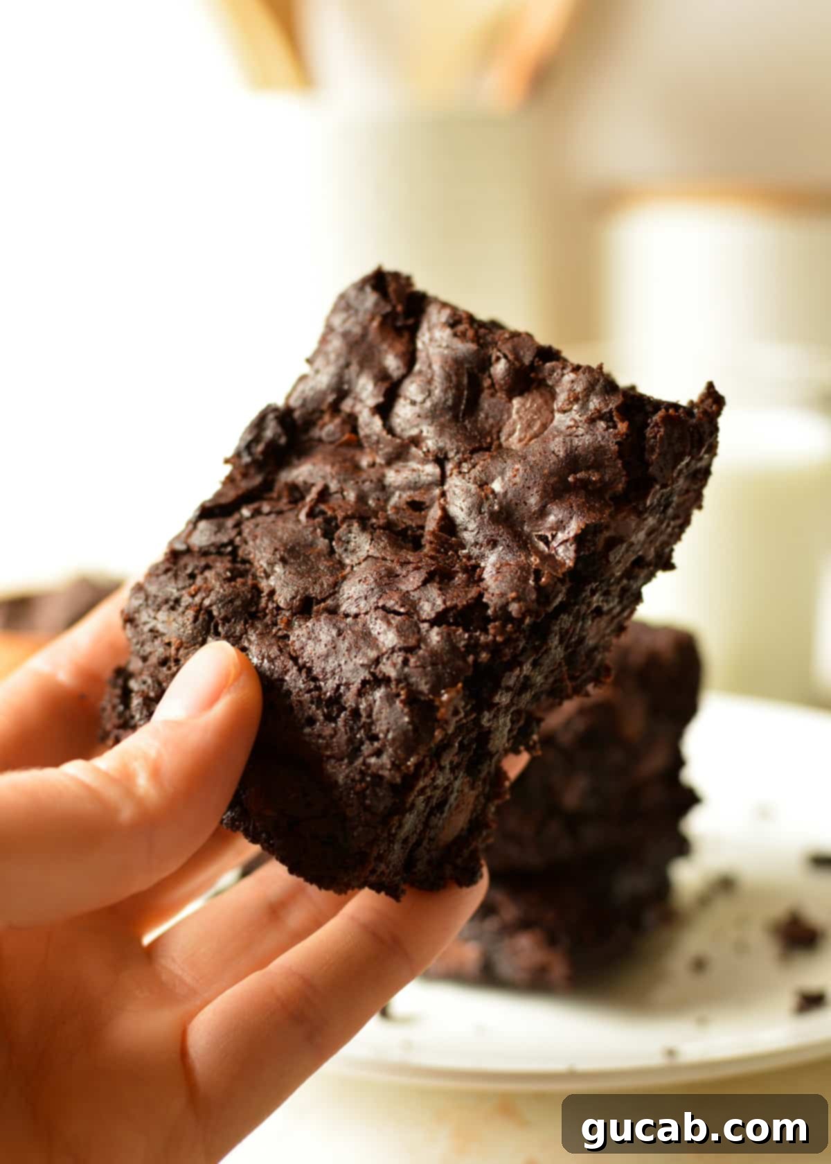 Effortless Fudgy One Bowl Gluten Free Brownies 2 hand holding a gluten free brownie