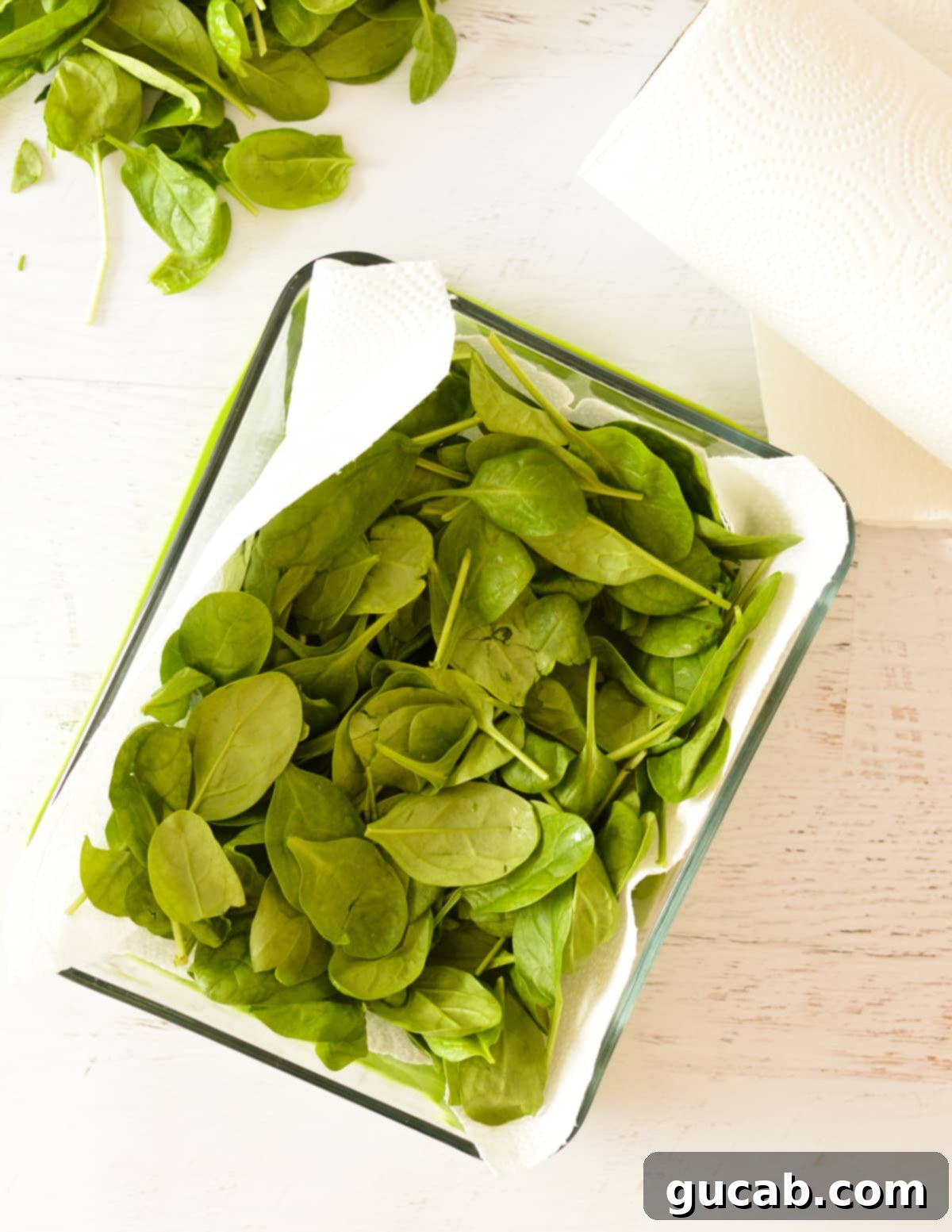 spinach in a paper towel in a container.