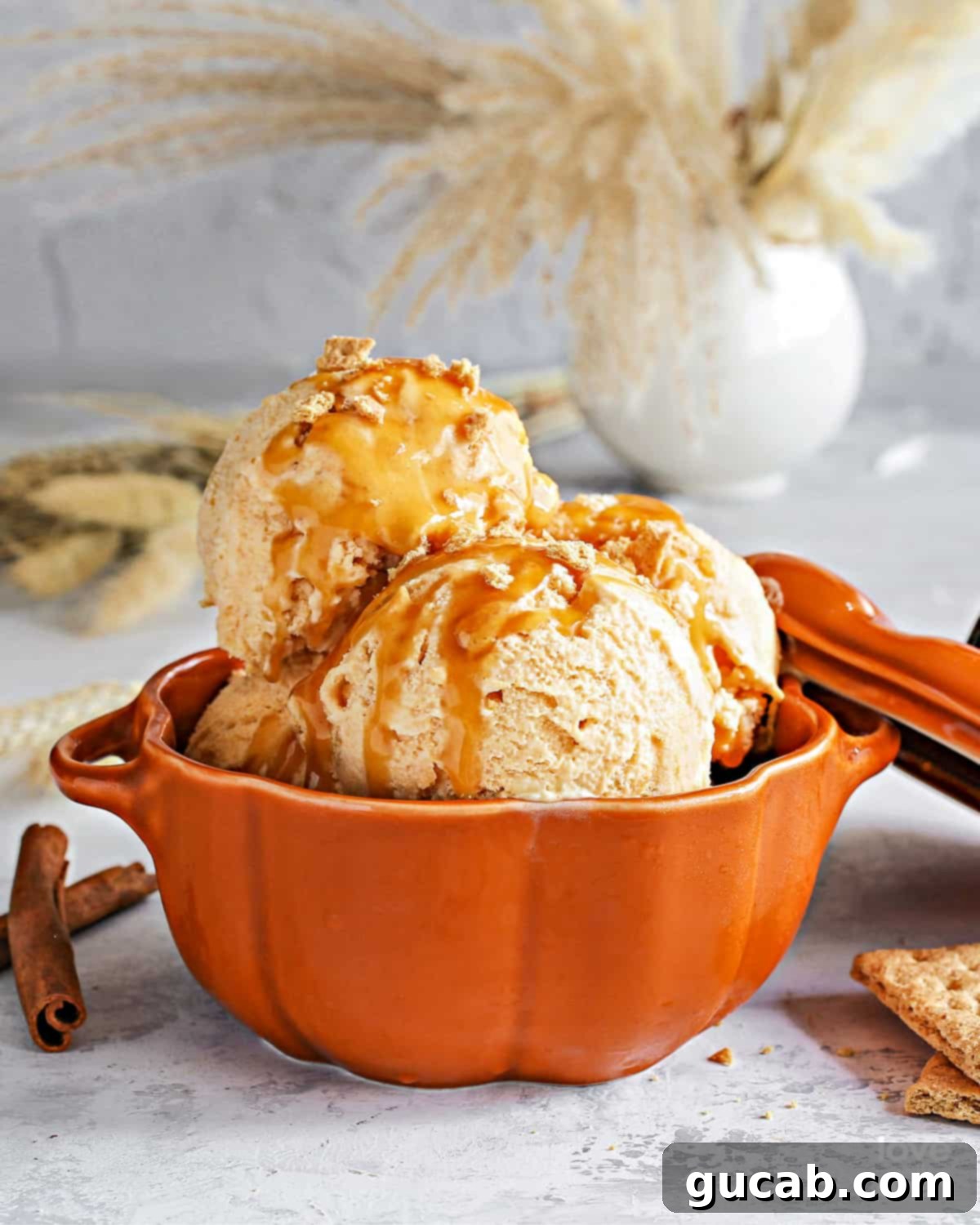 13 Nostalgic Ice Cream Maker Recipes 4 a bowl of pumpkin ice cream with caramel sauce.