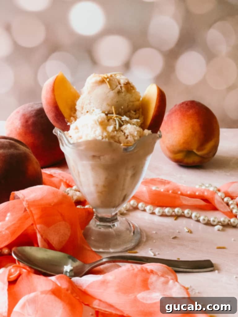 13 Nostalgic Ice Cream Maker Recipes 10 peach ice cream with fresh peaches on top.