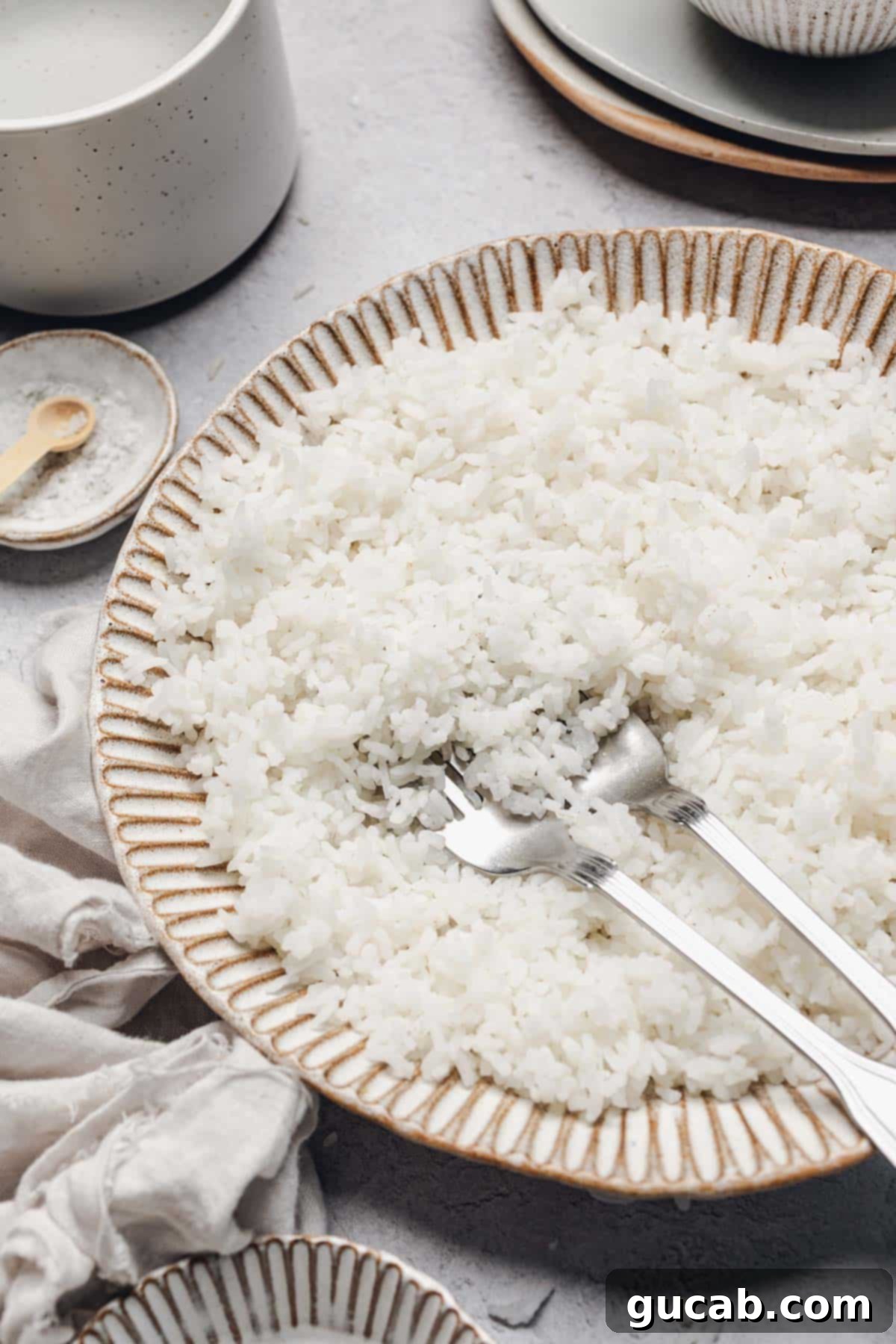 A bowl of fluffy white rice with two forks, ready for a delicious meal.