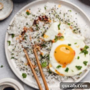 A plate of white rice topped with a fried egg, sesame seeds, and chili oil.
