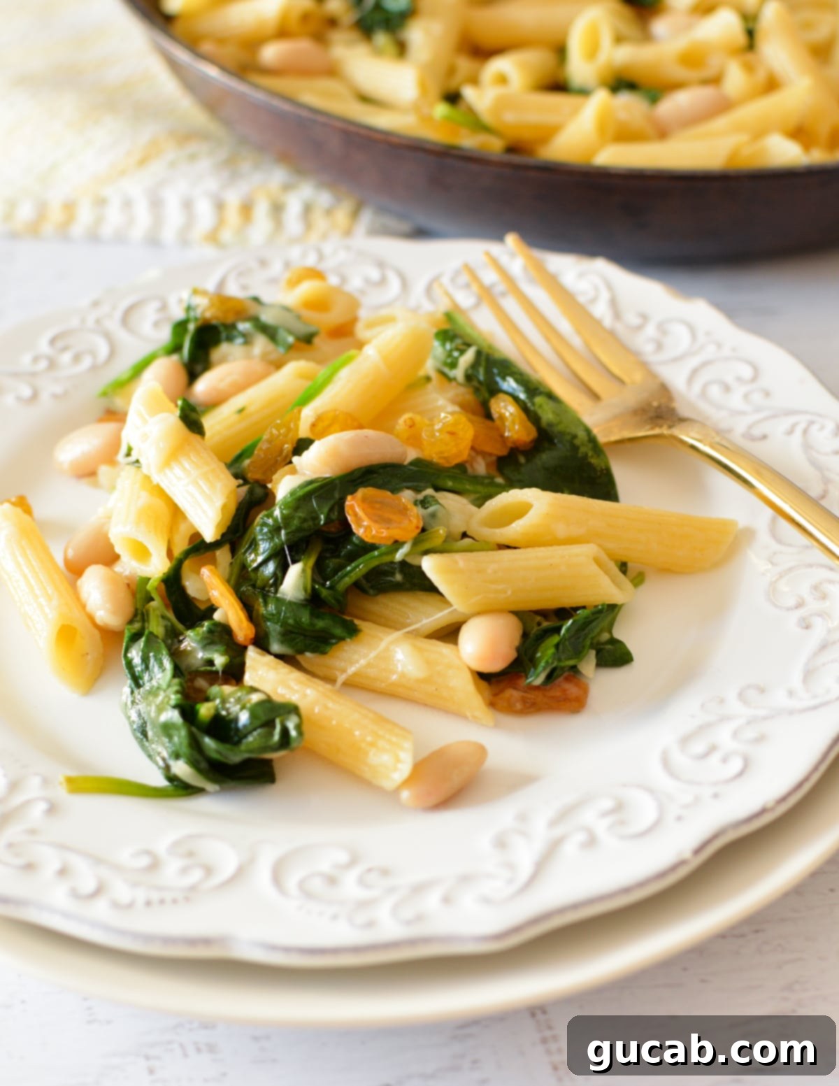 White Bean and Parmesan Spinach Pasta 2 a plate of spinach pasta with raisins and parmesan.