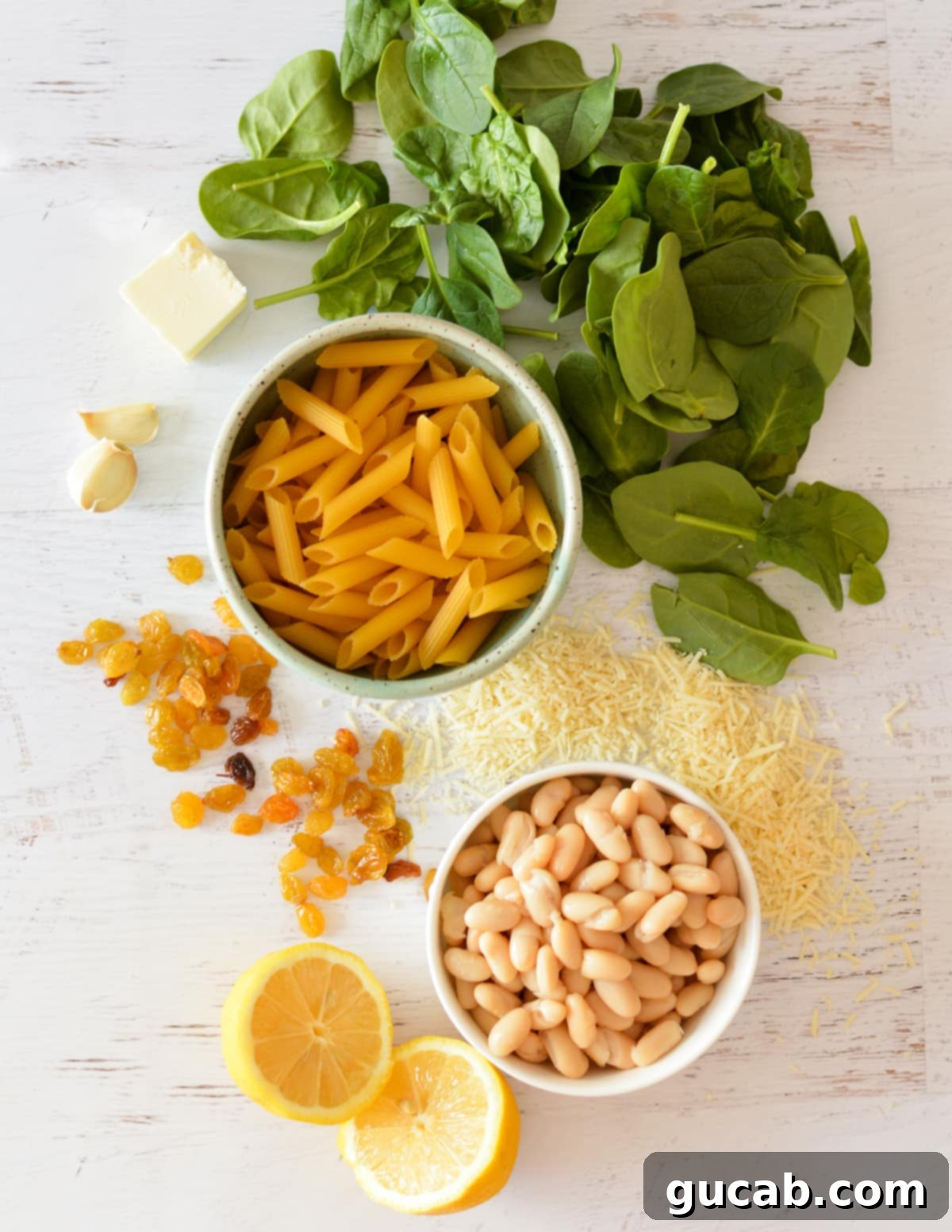 White Bean and Parmesan Spinach Pasta 3 spinach, penne, golden raisins, parmesan, garlic, butter, and white beans.