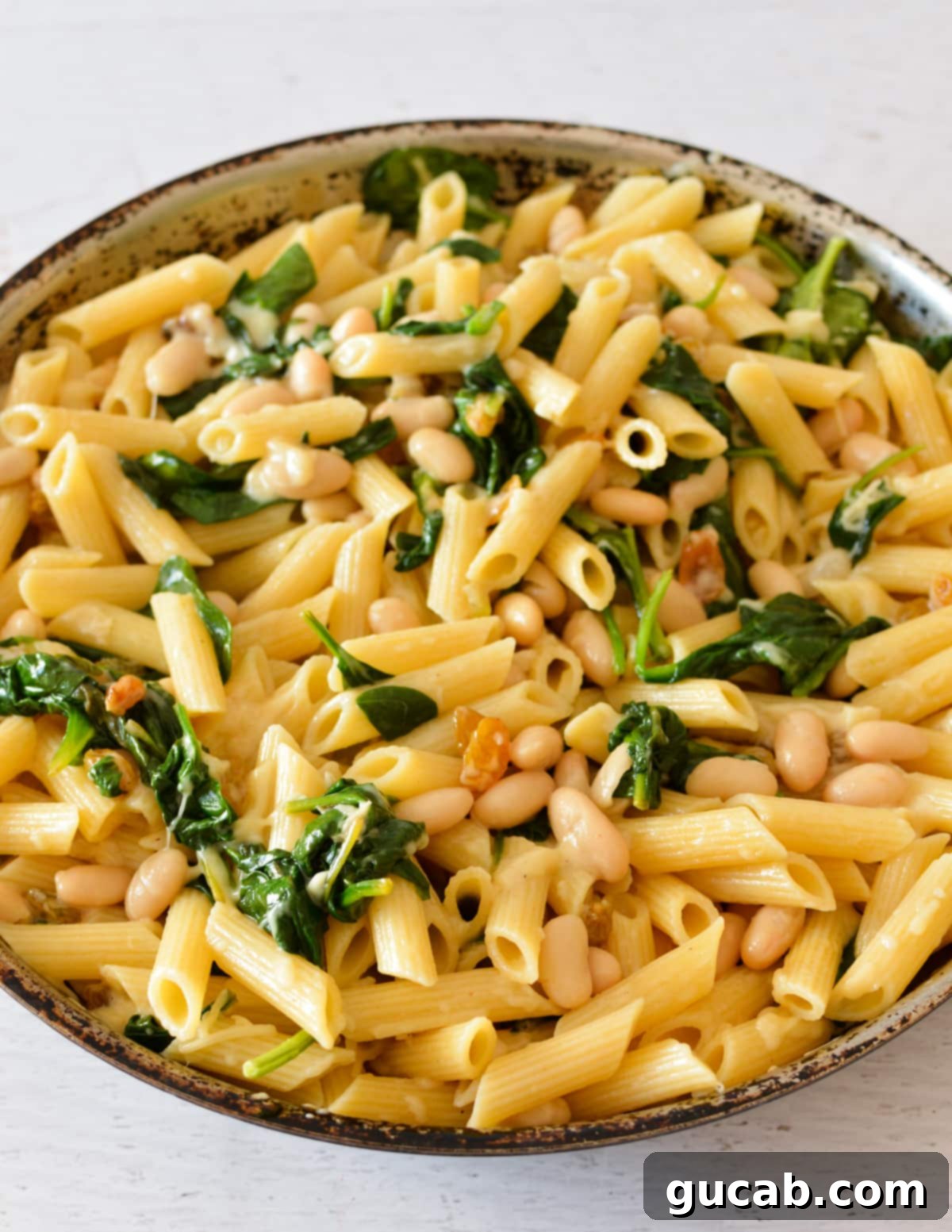 White Bean and Parmesan Spinach Pasta 4 a skillet with pasta, spinach, white beans, and raisins.