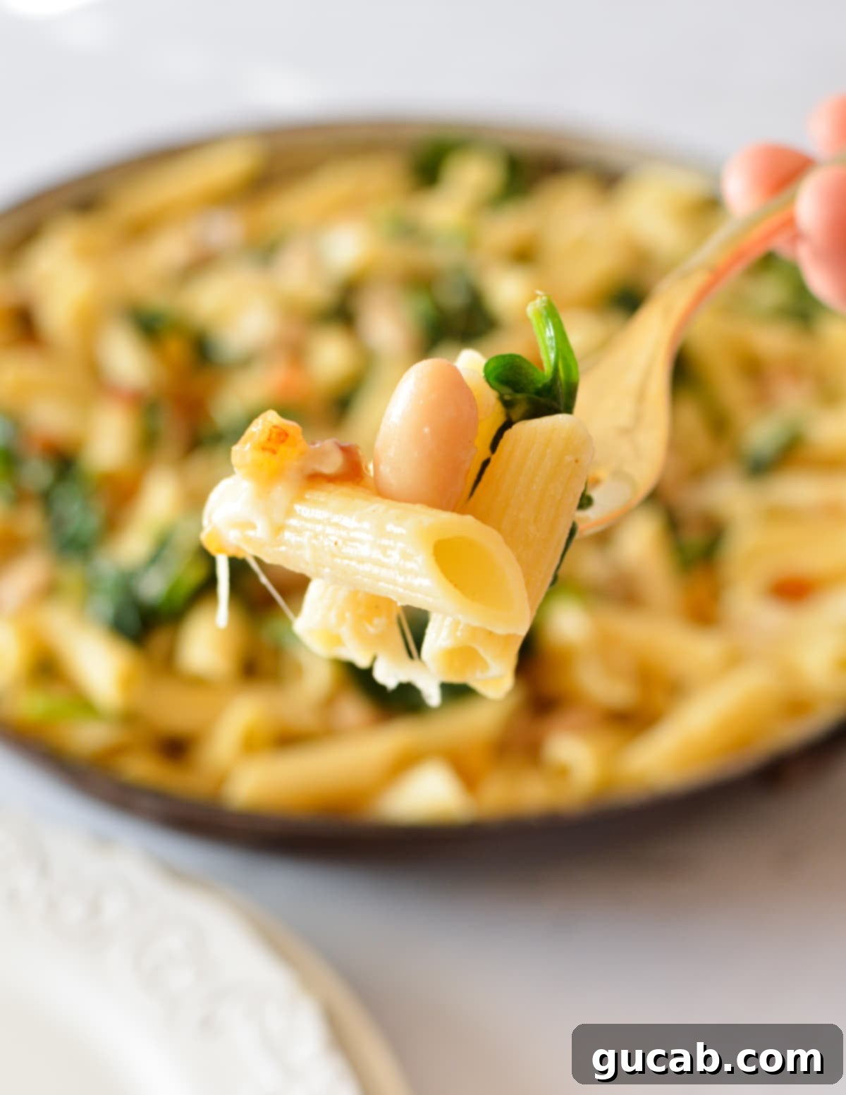 White Bean and Parmesan Spinach Pasta 6 a bite of spinach pasta with parmesan.