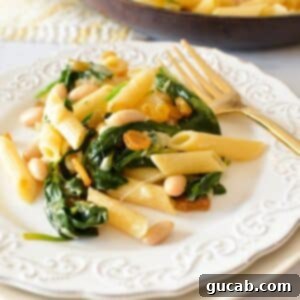 White Bean and Parmesan Spinach Pasta 8 a plate of pasta with spinach, raisins, and white beans.