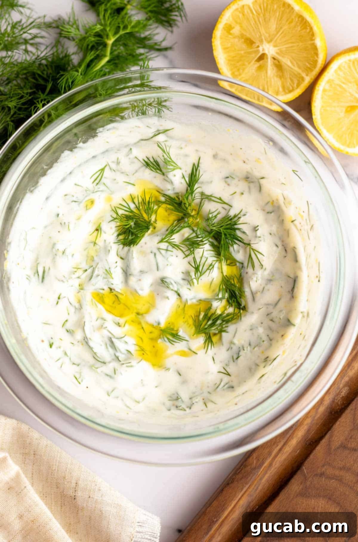 a bowl of yogurt dill sauce.