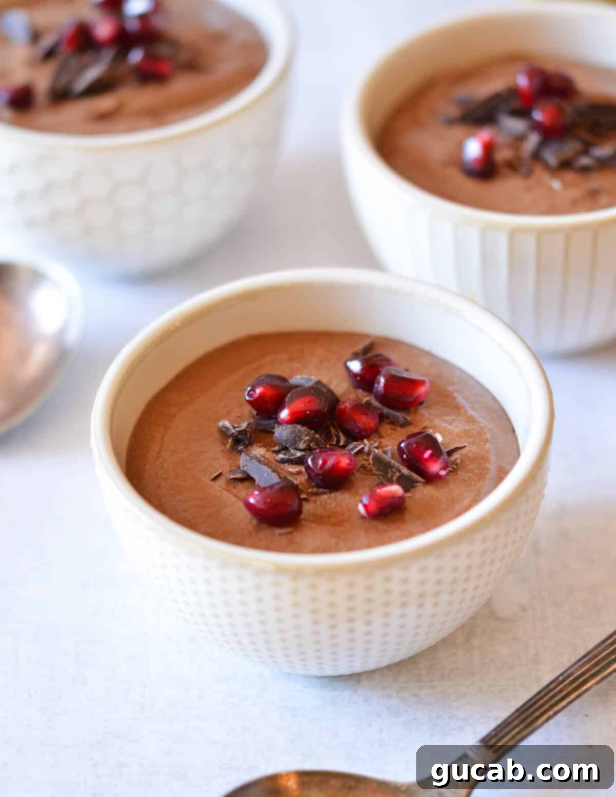 chocolate mousse with chocolate shavings and pomegranate seeds on top. 