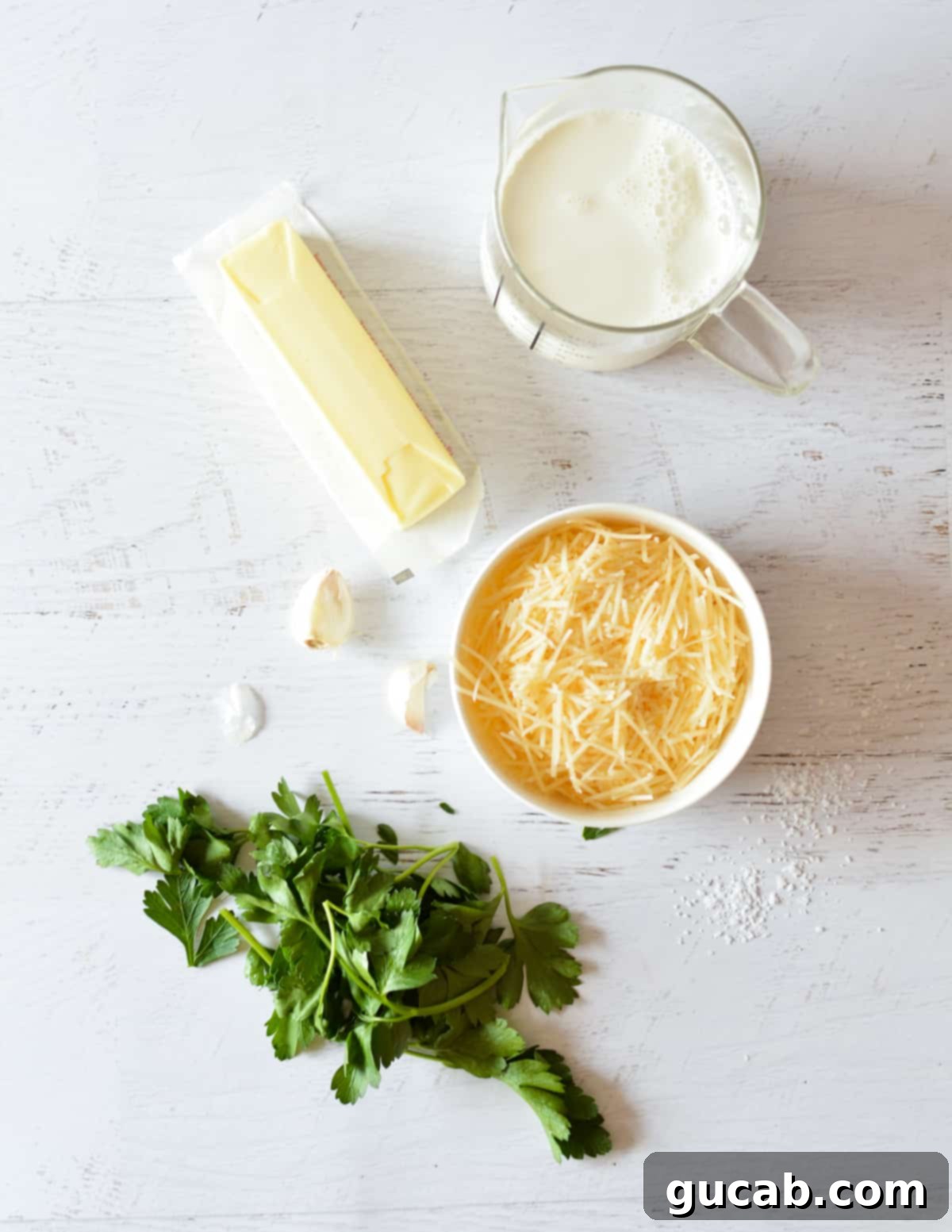 half and half, butter, parmesan, garlic, parsley, salt