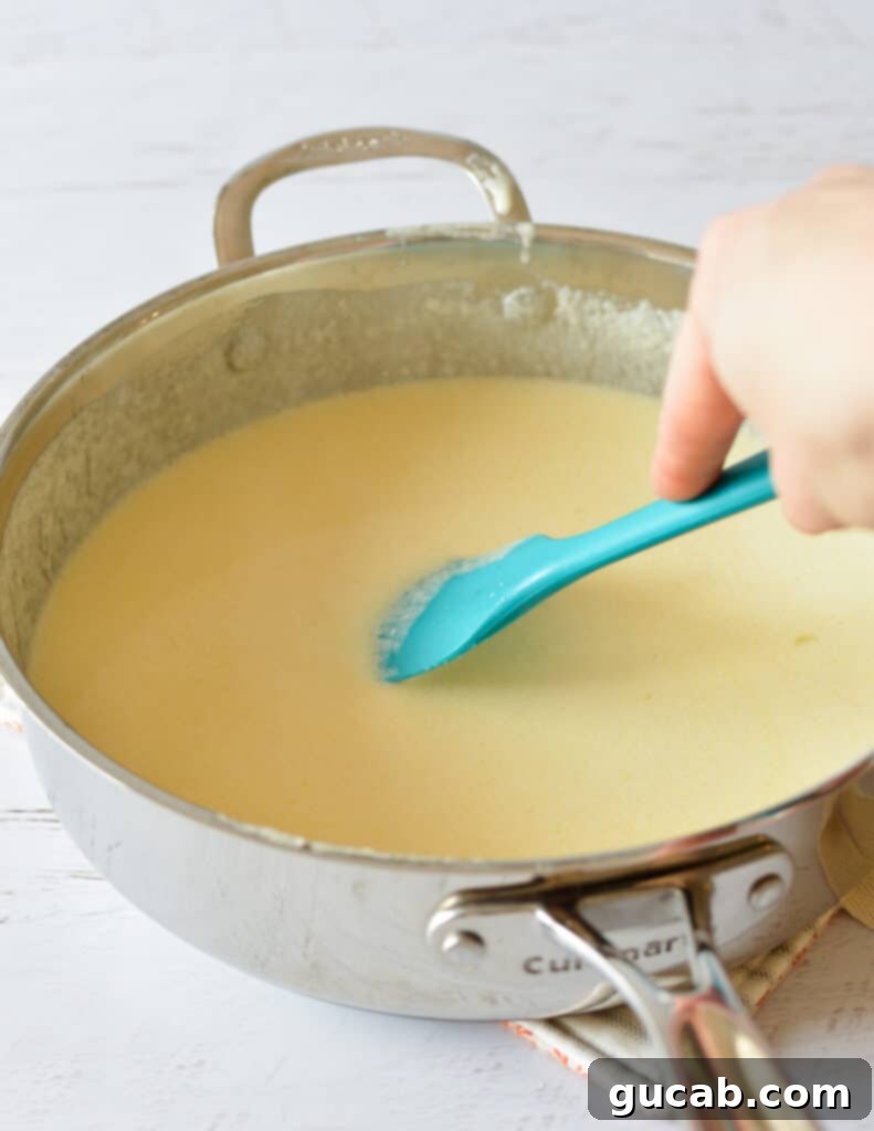 white sauce in a skillet. 