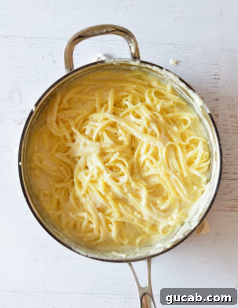 fettucine alfredo in a skillet.