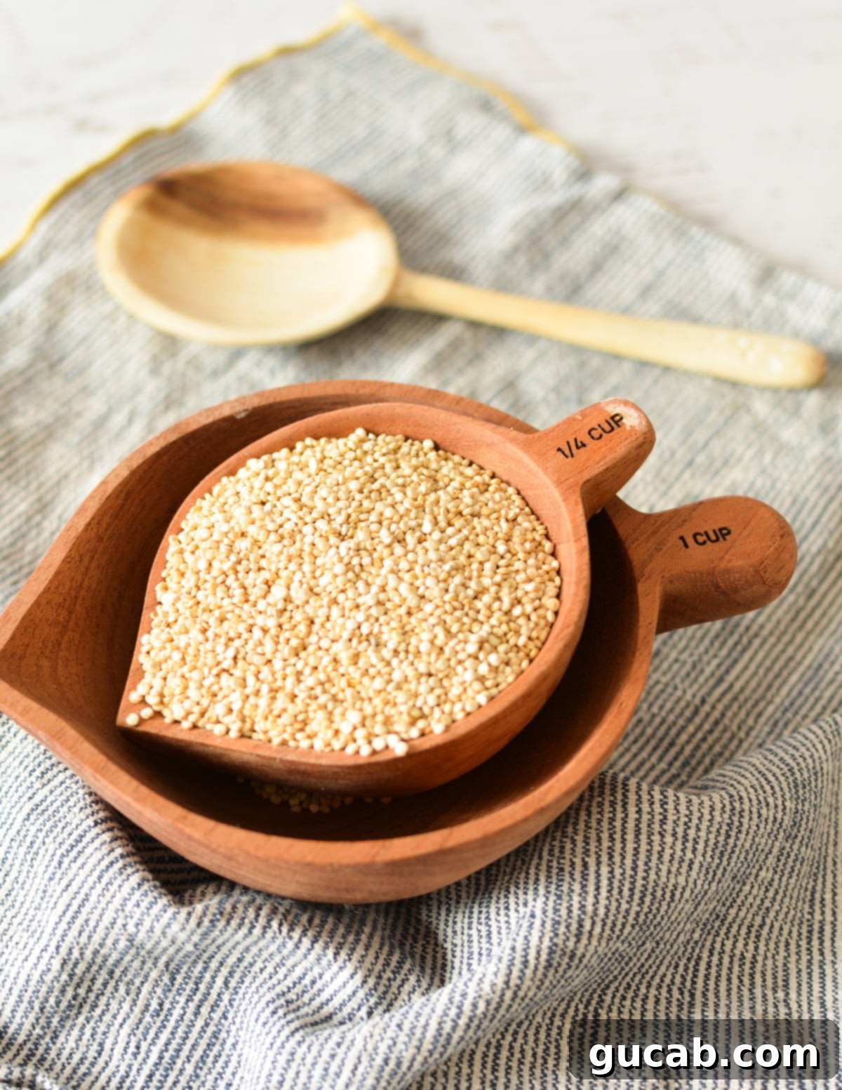 A measuring cup filled with raw, unpopped quinoa seeds, ready for preparation.