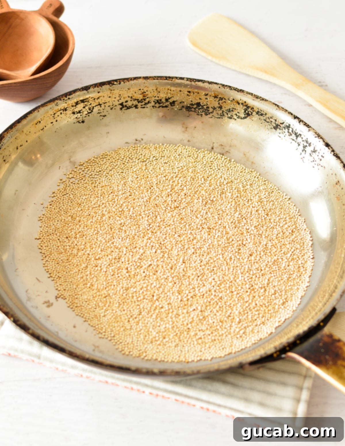 Raw quinoa seeds spread thinly across the bottom of a large skillet, just before popping.