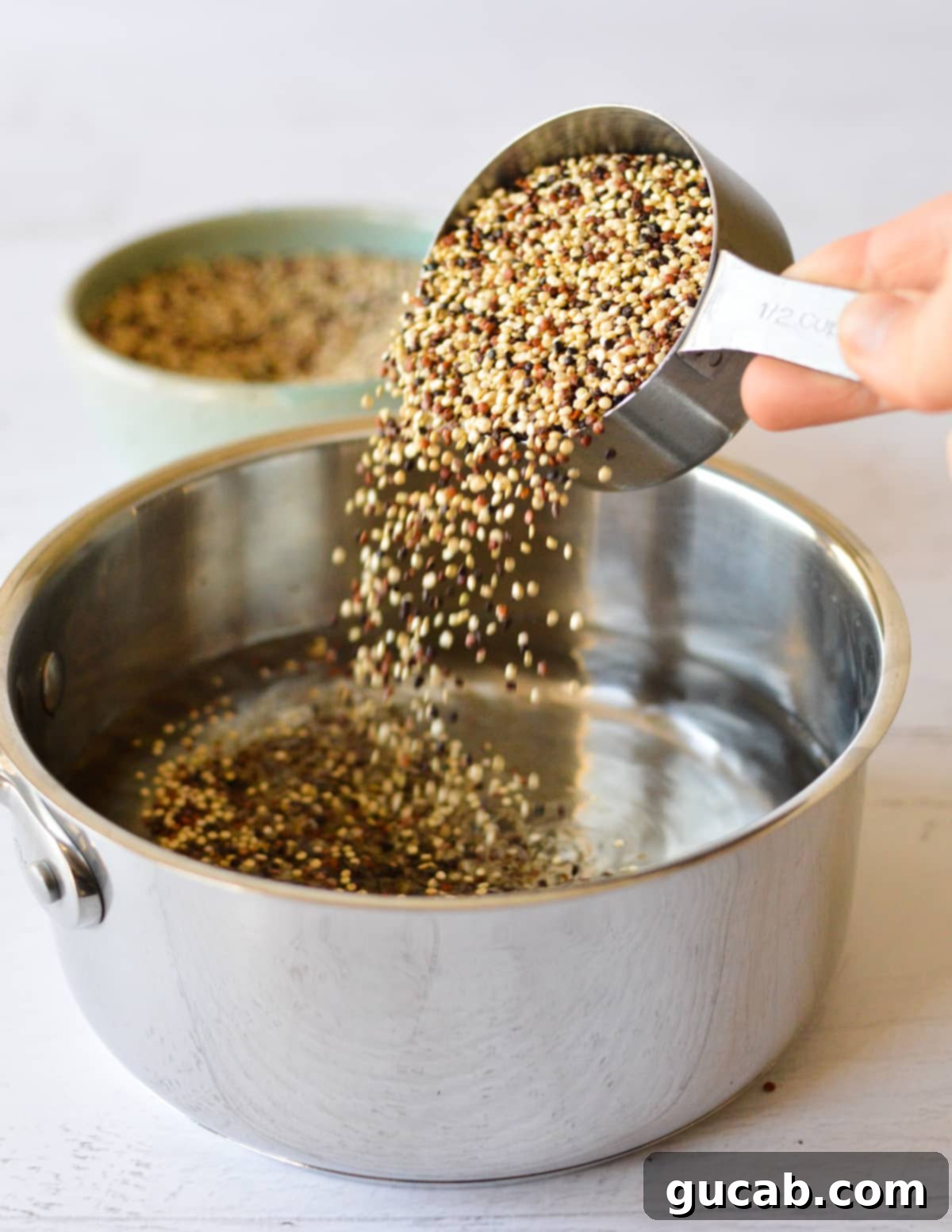 Perfect Tri-Color Quinoa Every Time 4 pouring tri color quinoa into a saucepan.