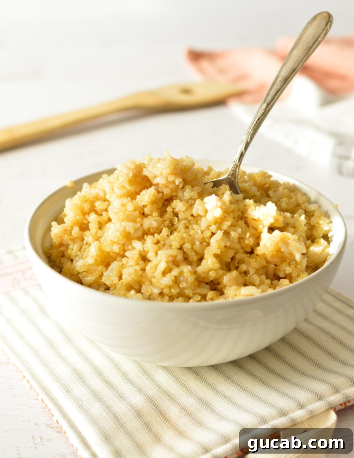 A vibrant bowl filled with perfectly cooked brown rice and fluffy quinoa, ready to be served.