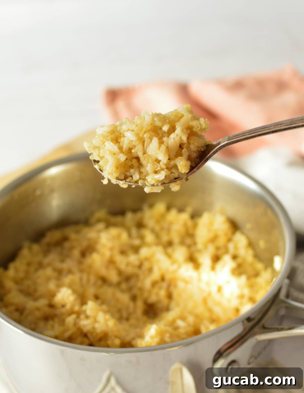 A spoonful of perfectly cooked brown rice and quinoa, showing its fluffy and separate grains.