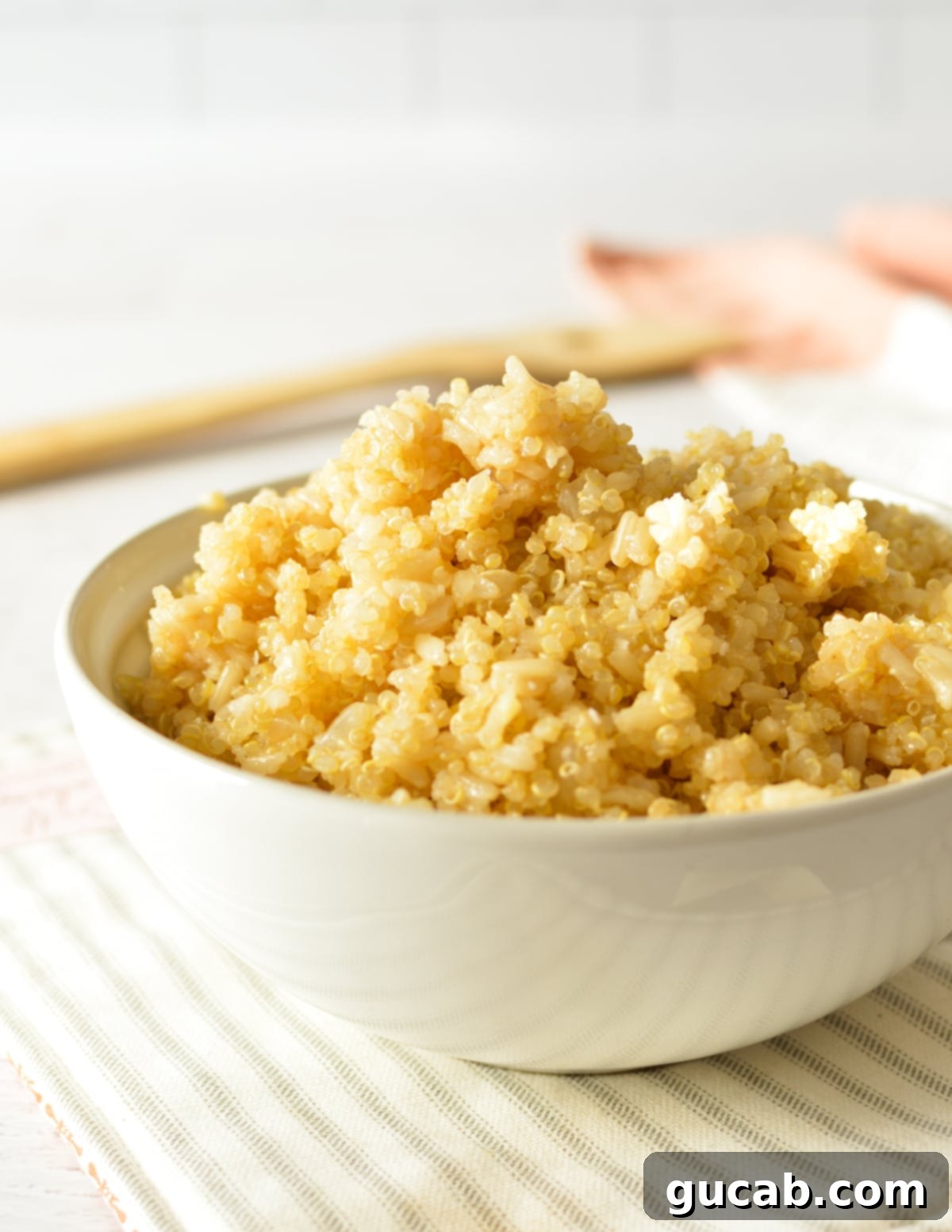 A close-up shot of the textural details of cooked brown rice and quinoa, highlighting the fluffy quinoa and firm brown rice.