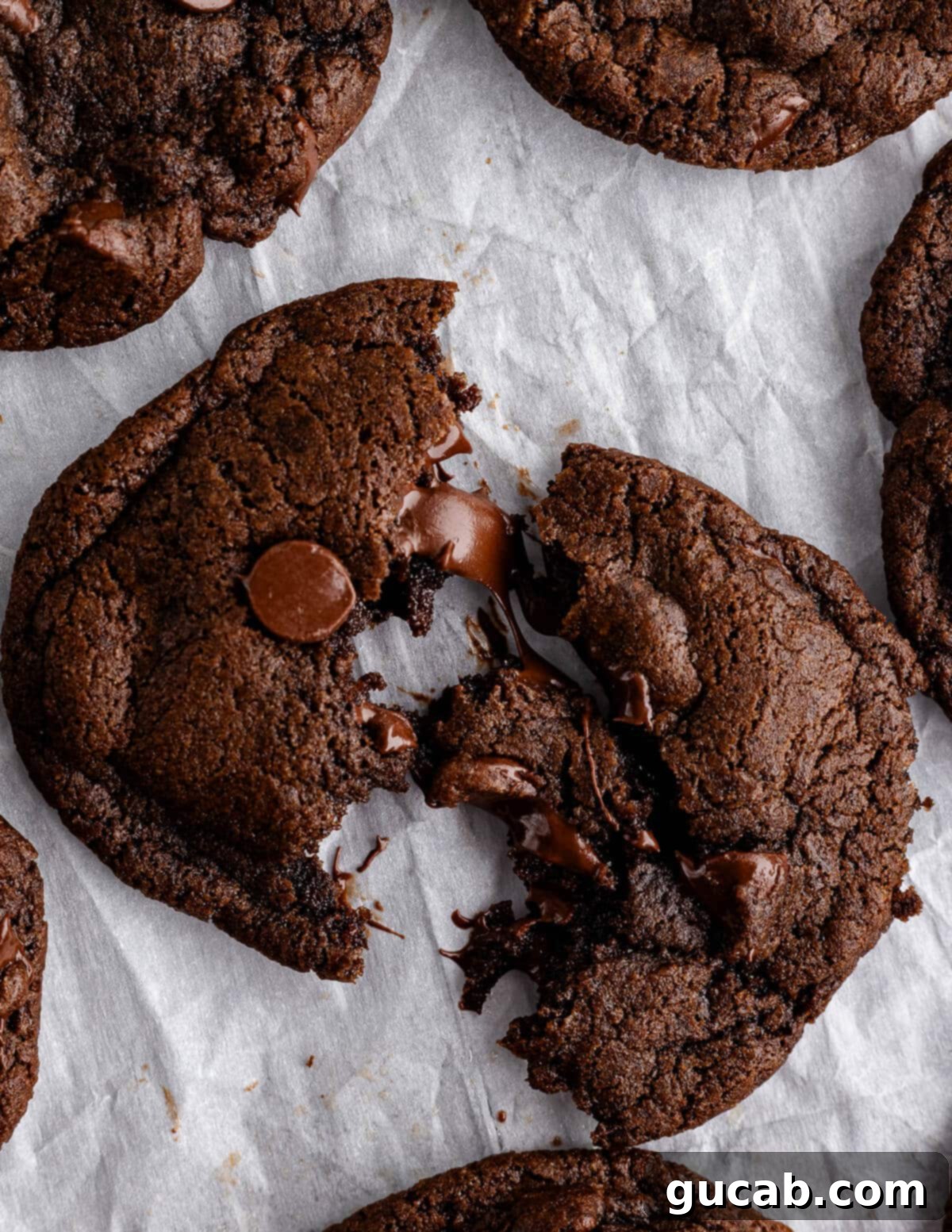 Decadent Gluten-Free Double Chocolate Delights 14 A gluten-free double chocolate cookie broken in half, revealing its soft, chewy, and fudgy interior with melted chocolate chips.