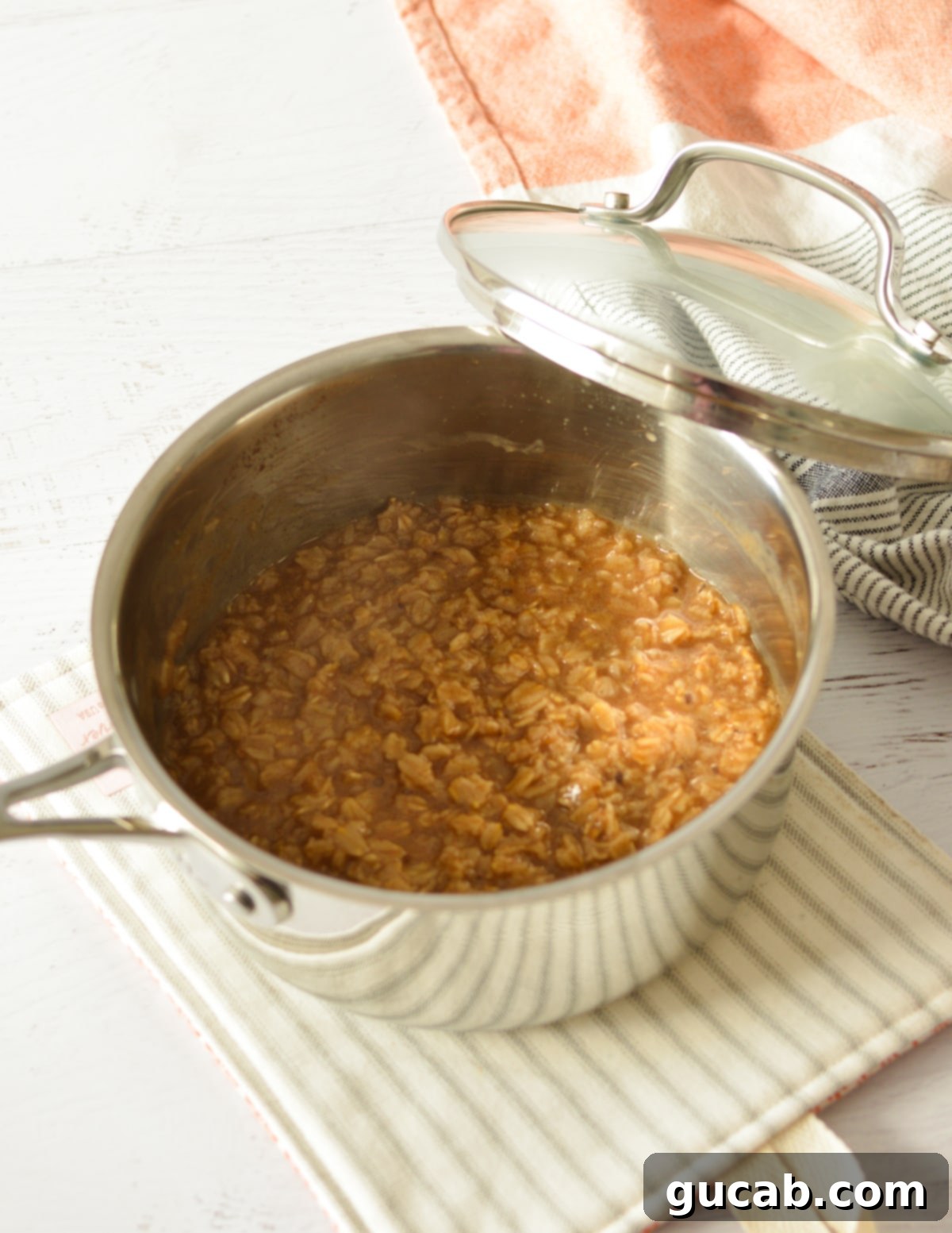 A saucepan filled with freshly cooked brown sugar cinnamon oatmeal, ready to be scooped into a serving bowl.