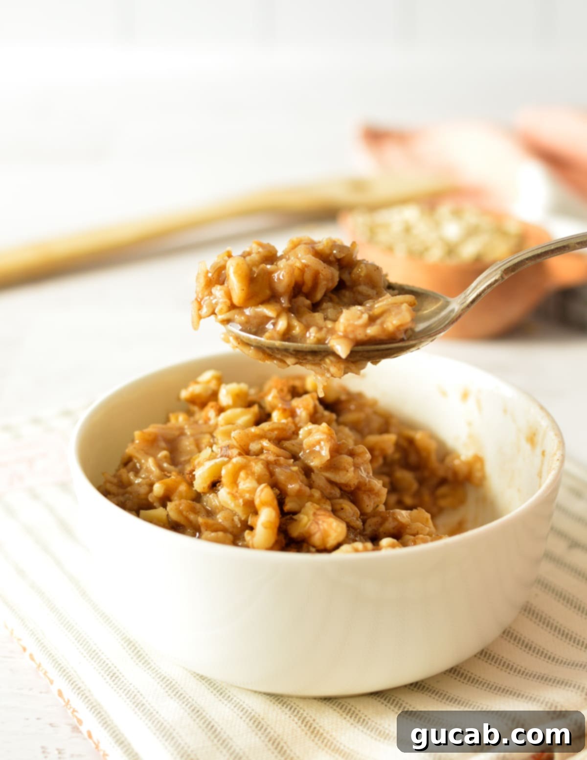 A spoonful of brown sugar cinnamon oatmeal being lifted from a bowl, showcasing its creamy texture and potential toppings.