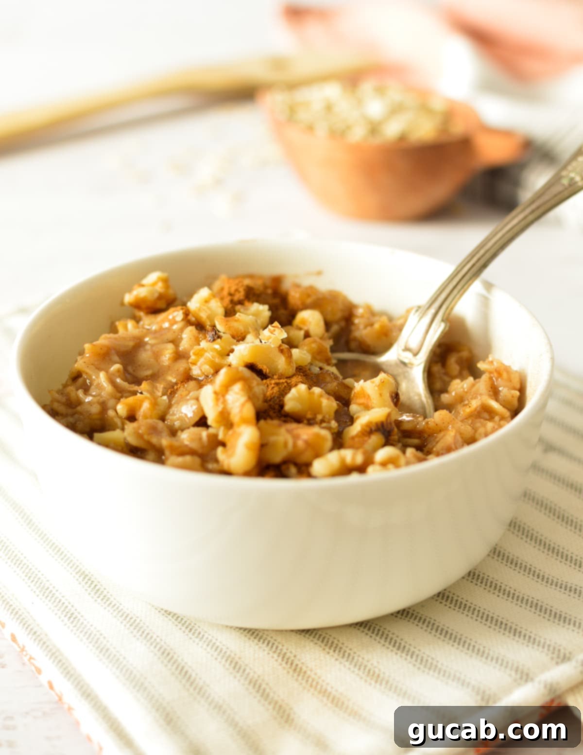 A rustic bowl of brown sugar oatmeal, garnished with whole walnuts and a hint of cinnamon, emphasizing its wholesome and inviting appeal.