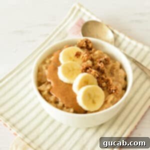Almond Butter Bliss Bowl 11 a bowl of oatmeal with almond butter and bananas.