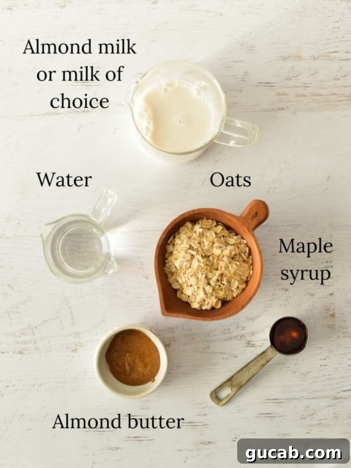 Almond Butter Bliss Bowl 3 almond milk, water, oats, maple syrup, and almond butter.