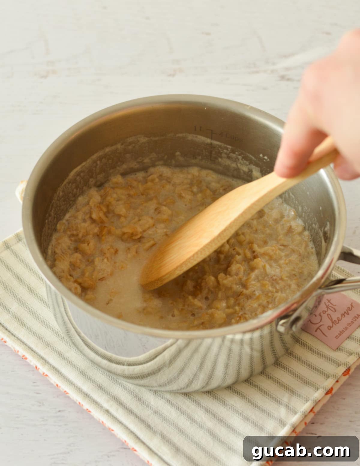 stirring oatmeal in a pan. 