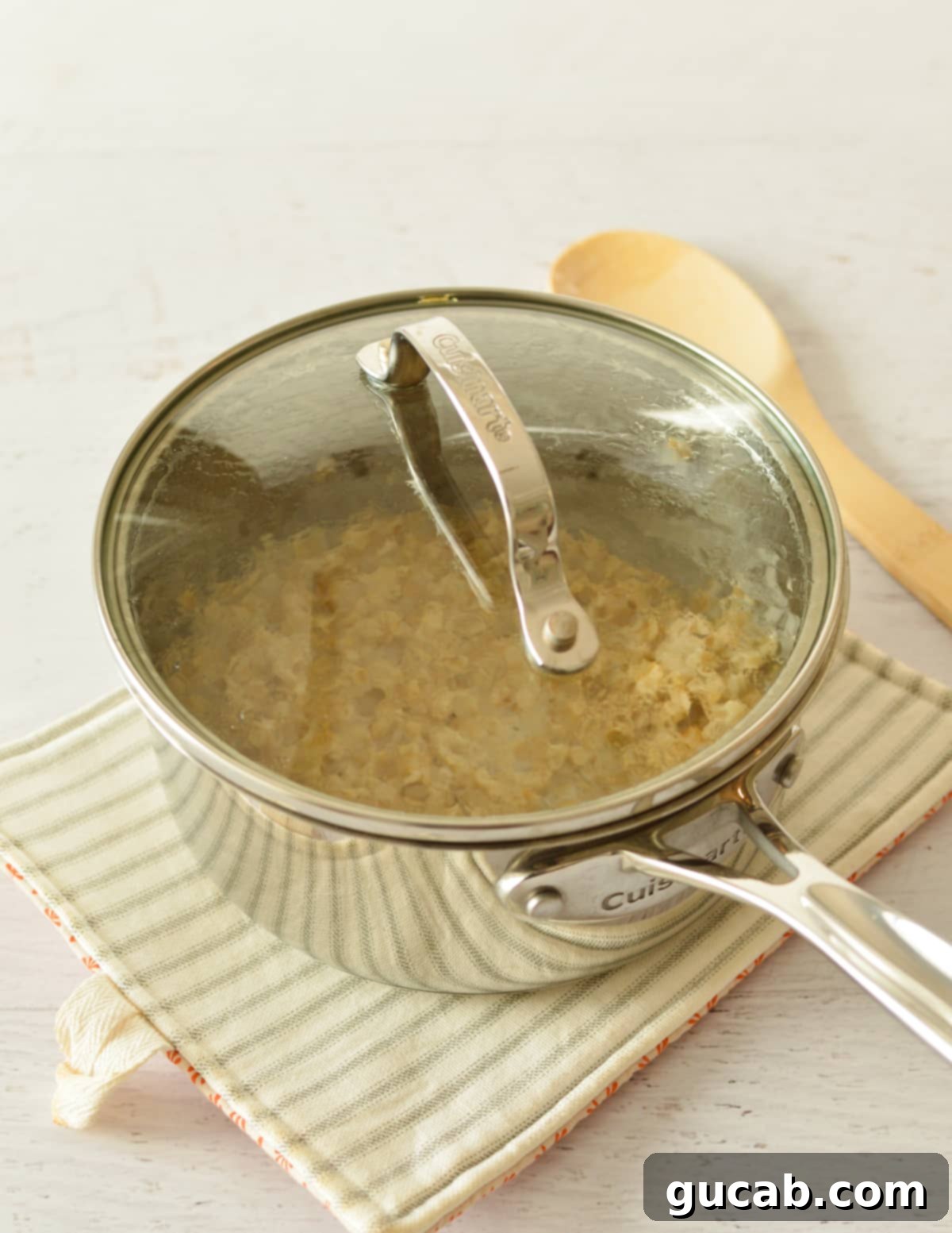 Cozy Cinnamon Oatmeal 8 A saucepan of cooked oatmeal covered with a lid, steaming for perfect texture.