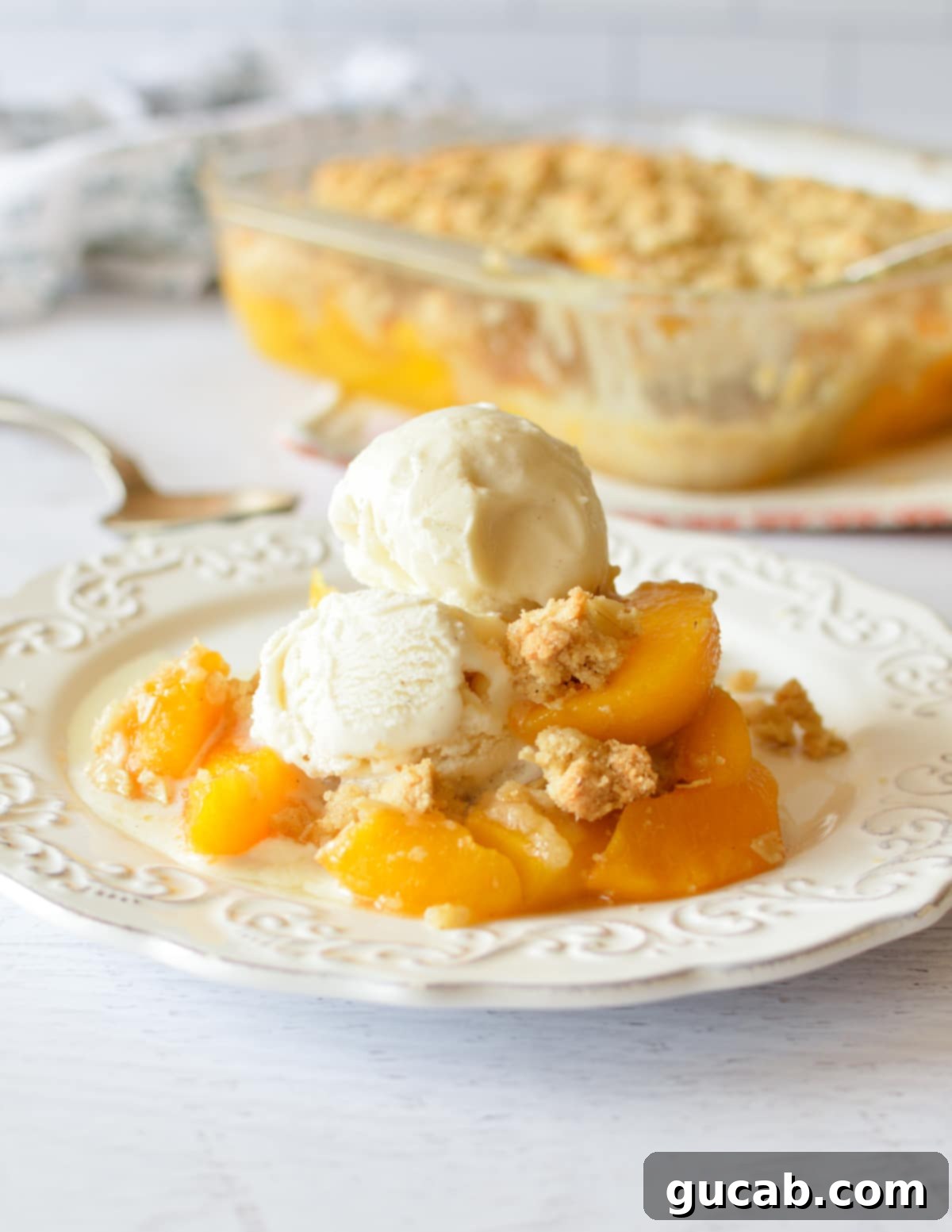 Pantry Peach Crisp Perfection 2 A golden-baked peach crisp served with a scoop of melting vanilla ice cream on top.
