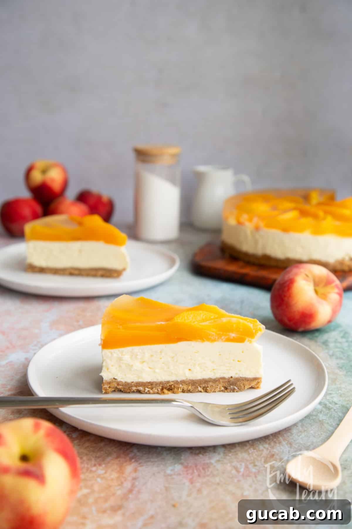 a slice of peach cheesecake. 