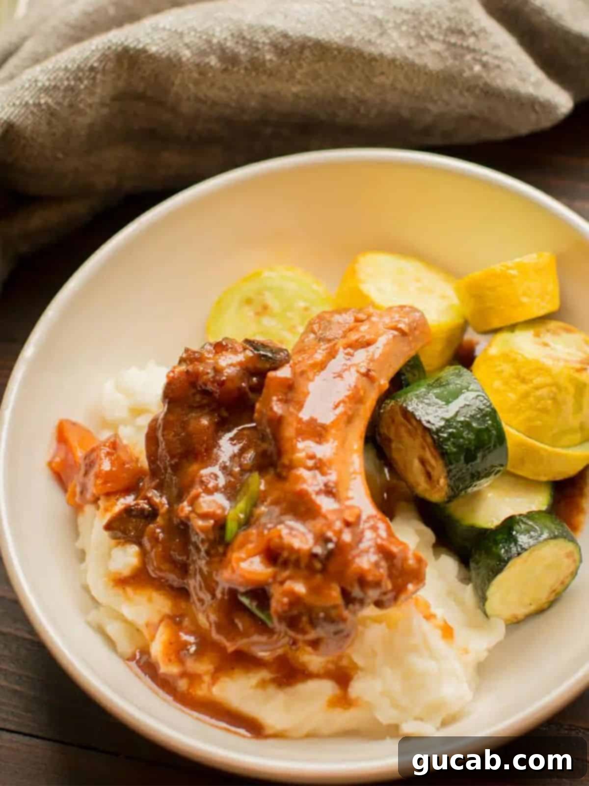 BBQ ribs on mashed potatoes.