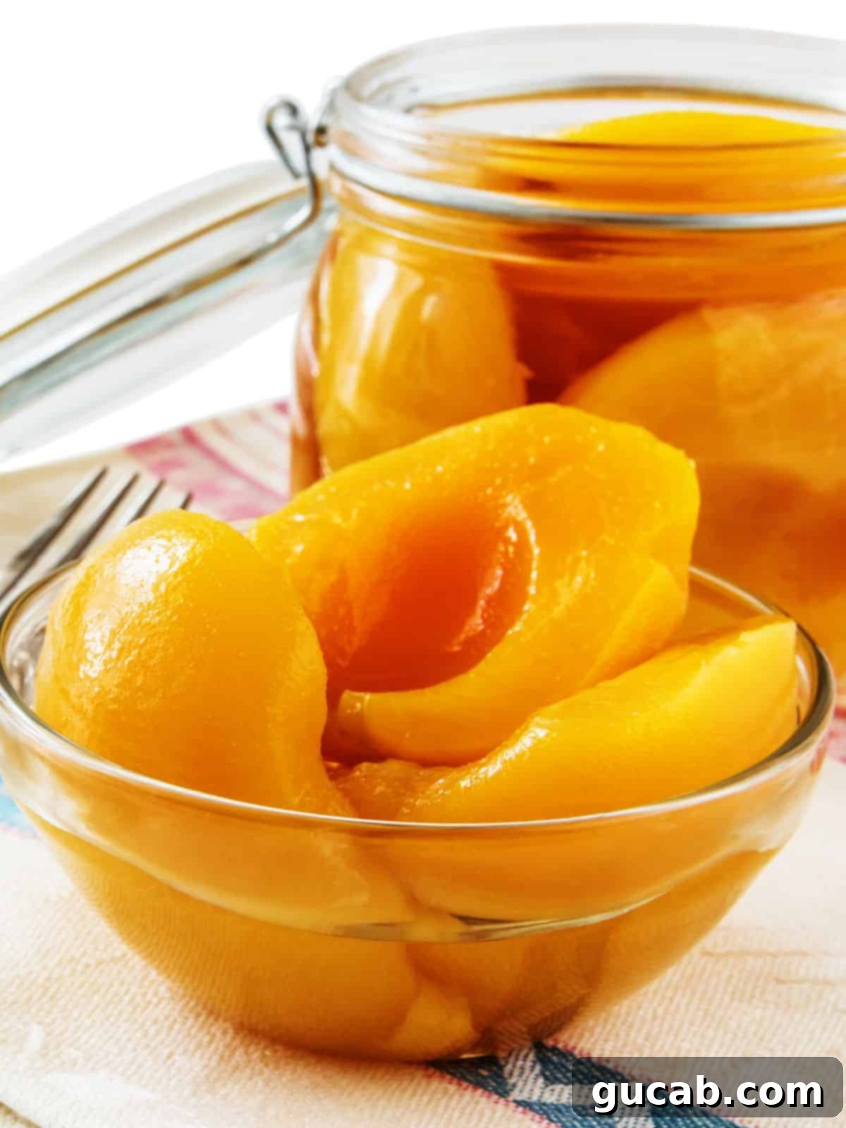 a bowl of canned peaches. 