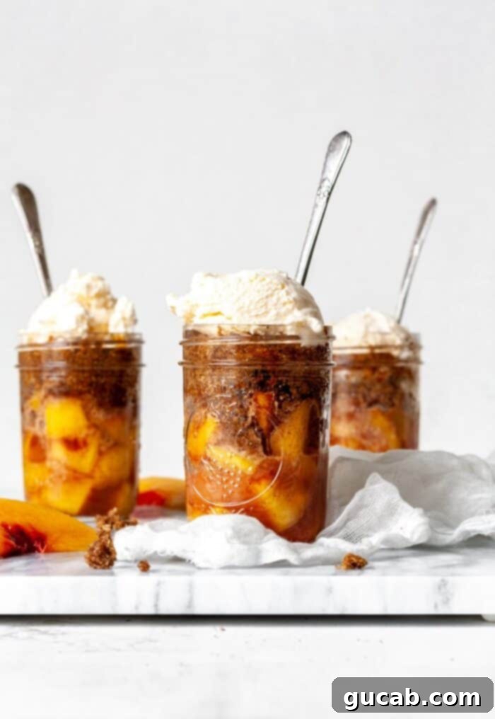 peach cobblers in jars with vanilla ice cream and spoons. 