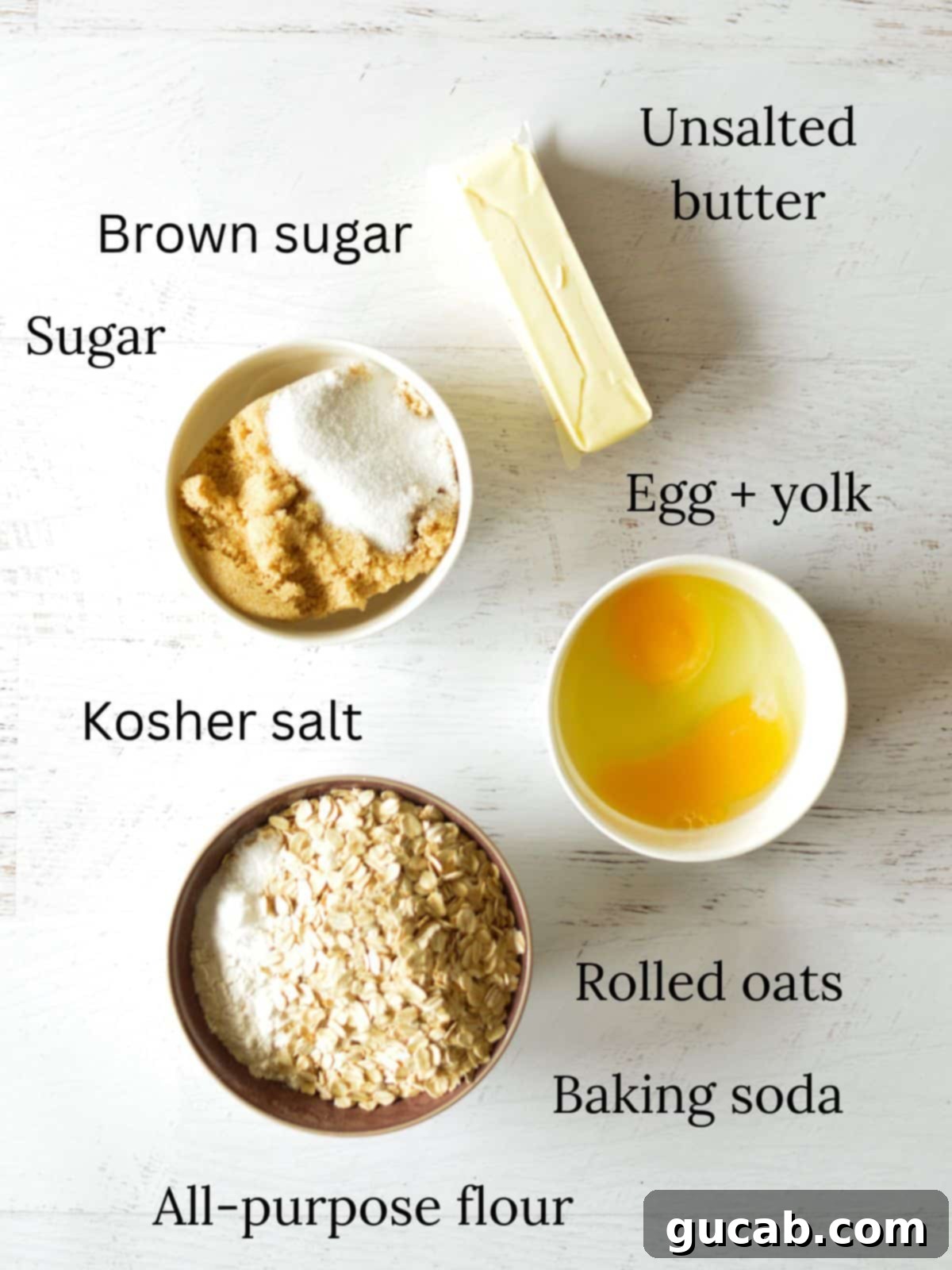 Soft and Chewy Oatmeal Bliss 3 butter, sugar, eggs, flour, old fashioned oats, baking soda, salt, and cinnamon as key ingredients