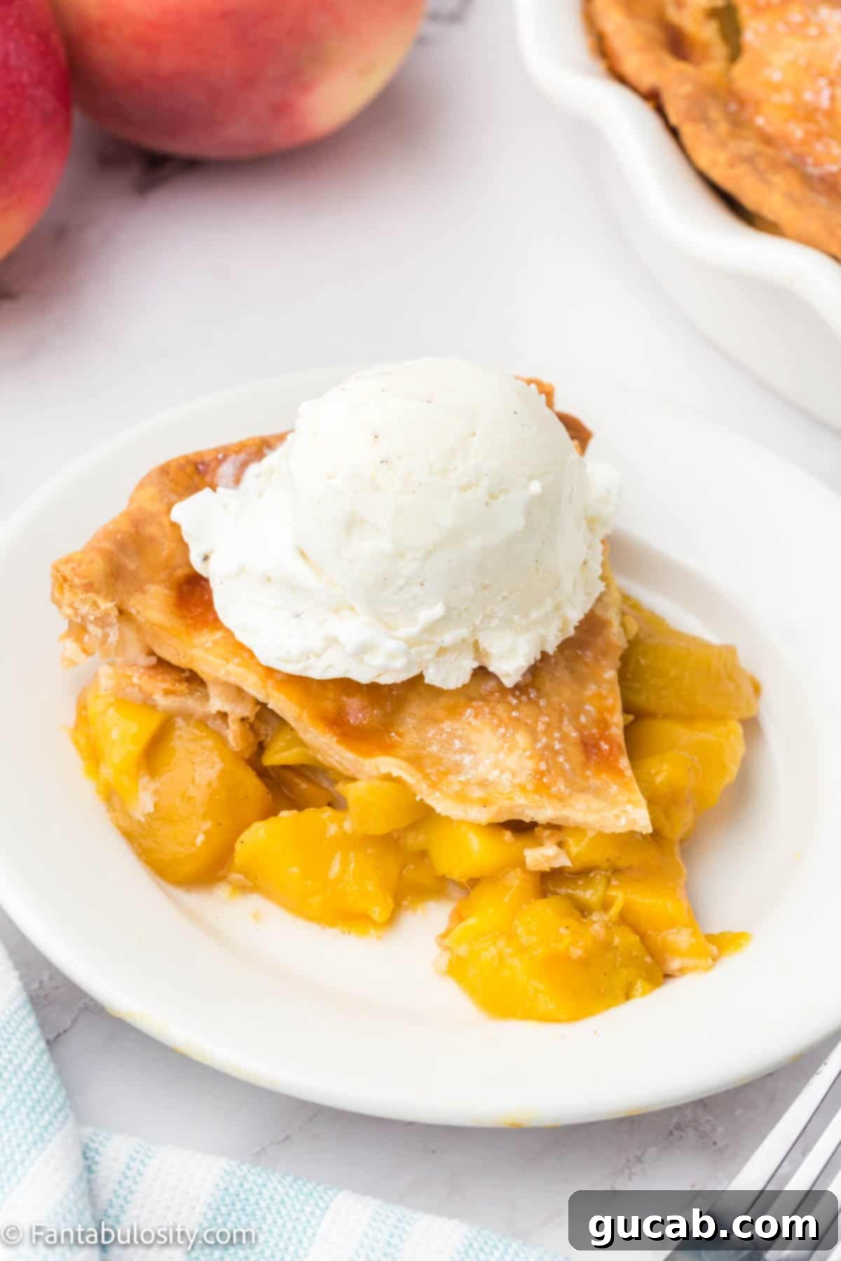 Sweet Chill: 15 Irresistible Frozen Peach Recipes 10 a slice of peach pie with ice cream.