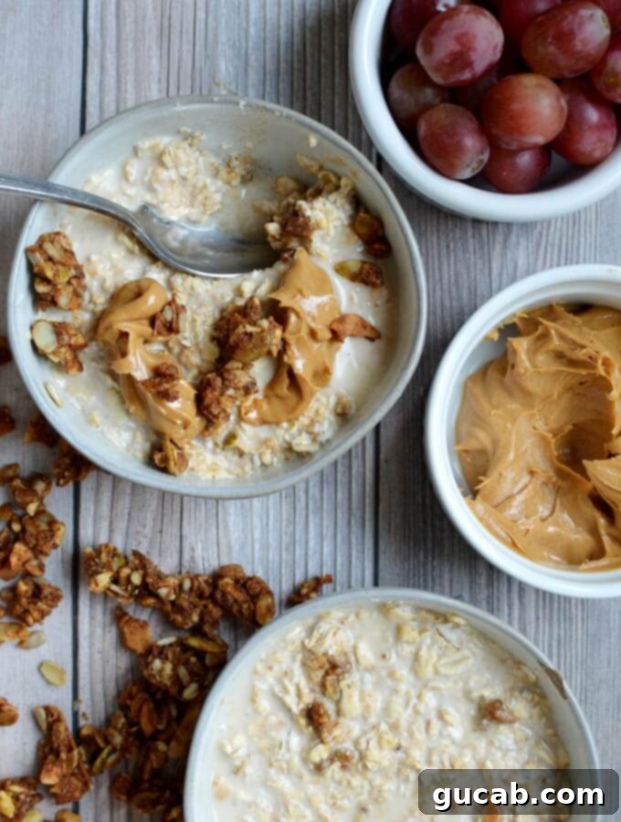 Peanut butter overnight oats in a bowl with a spoon