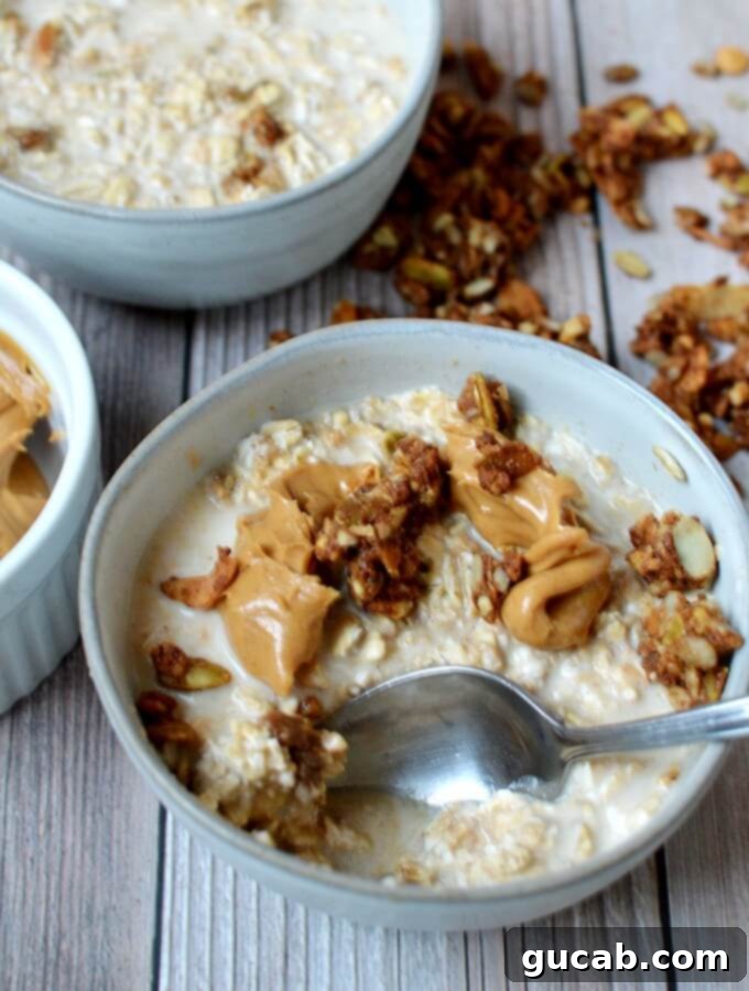 Vegan peanut butter overnight oats in a ceramic bowl