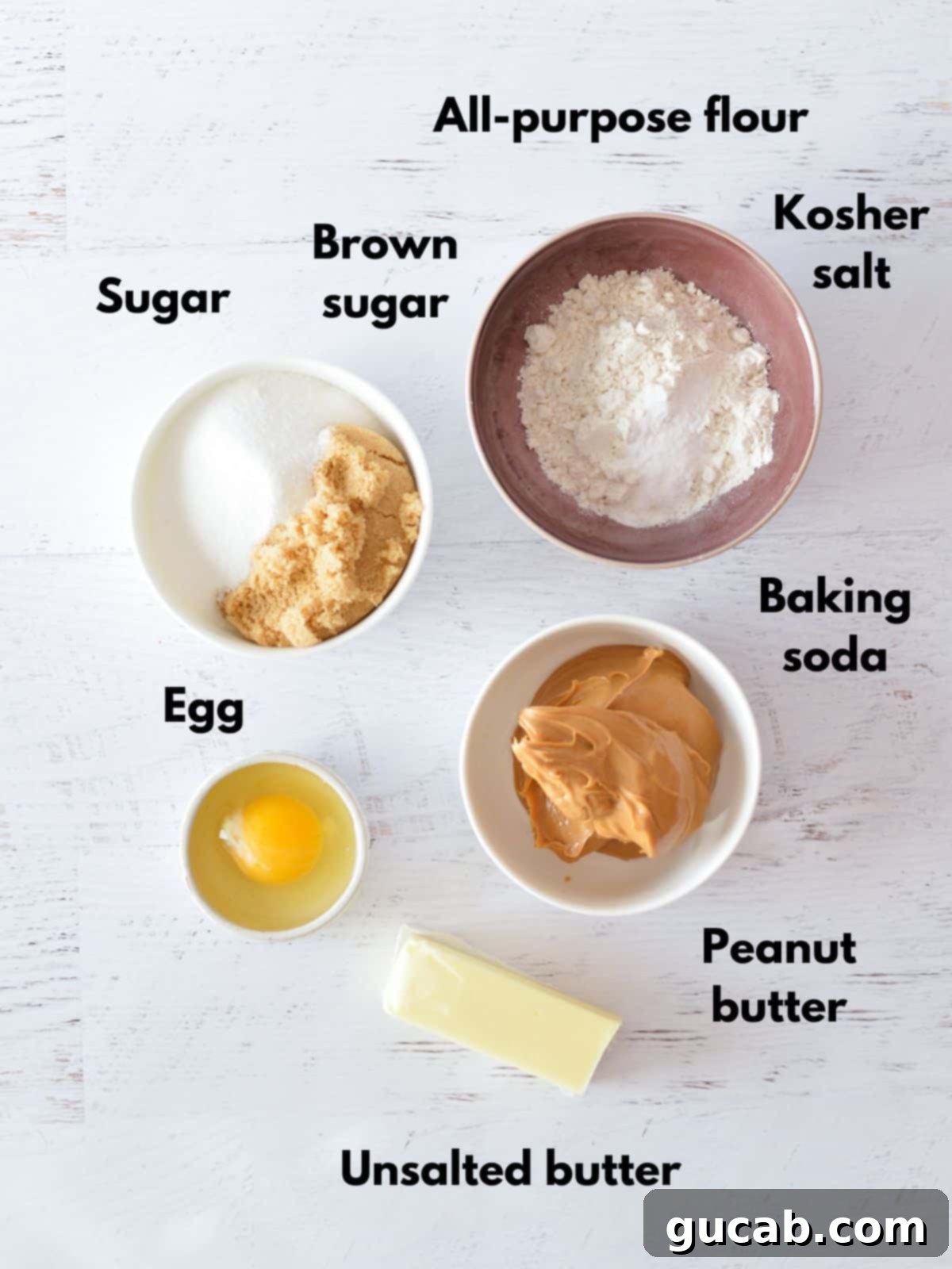 Key ingredients for peanut butter cookies including flour, sugar, egg, peanut butter, and butter.