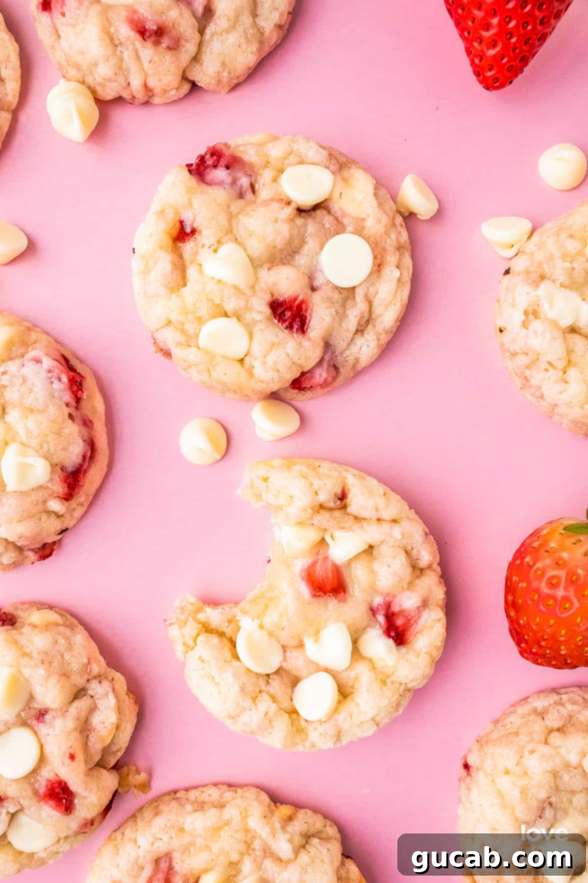 Next-Level Cookies: 25 Recipes You Need to Bake 10 Pink strawberry white chocolate chip cookies, stacked and inviting.