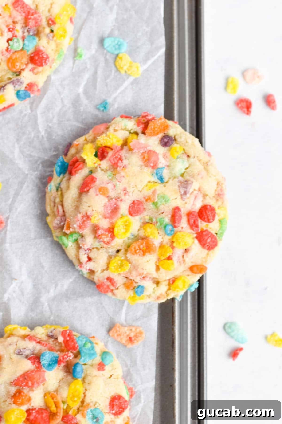 Next-Level Cookies: 25 Recipes You Need to Bake 11 Colorful Fruity Pebbles cookies, showing their playful texture.