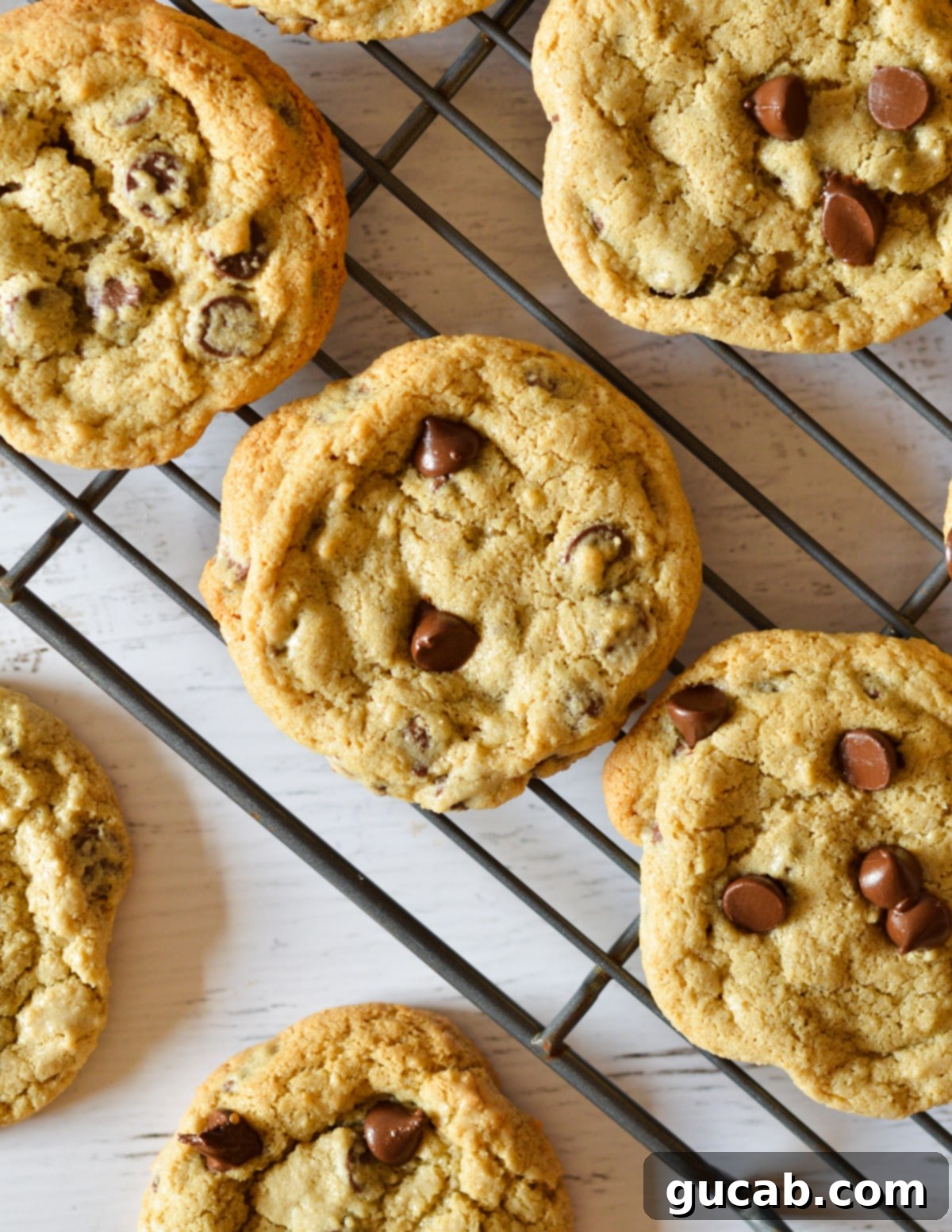 Freshly baked oat flour chocolate chip cookies cooling on a wire rack.