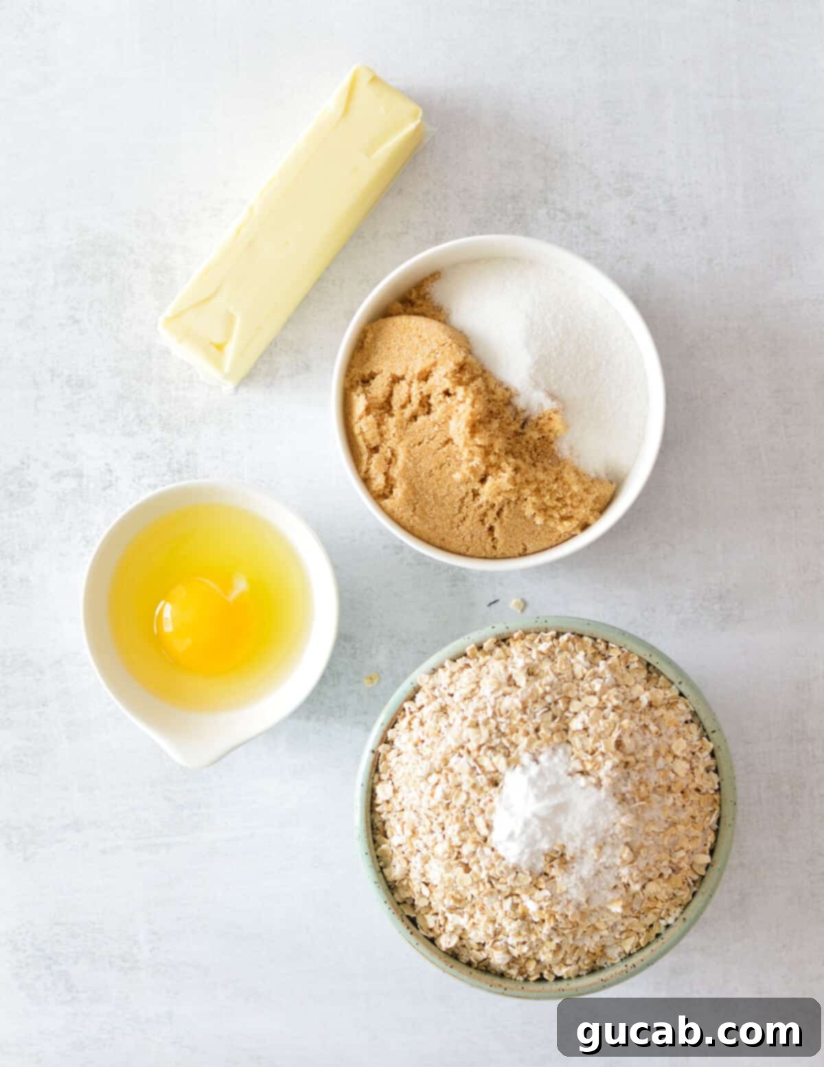 Gluten-Free Oatmeal Cookies 3 Essential ingredients for flourless oatmeal cookies: unsalted butter, white sugar, brown sugar, an egg, and quick cooking oats.