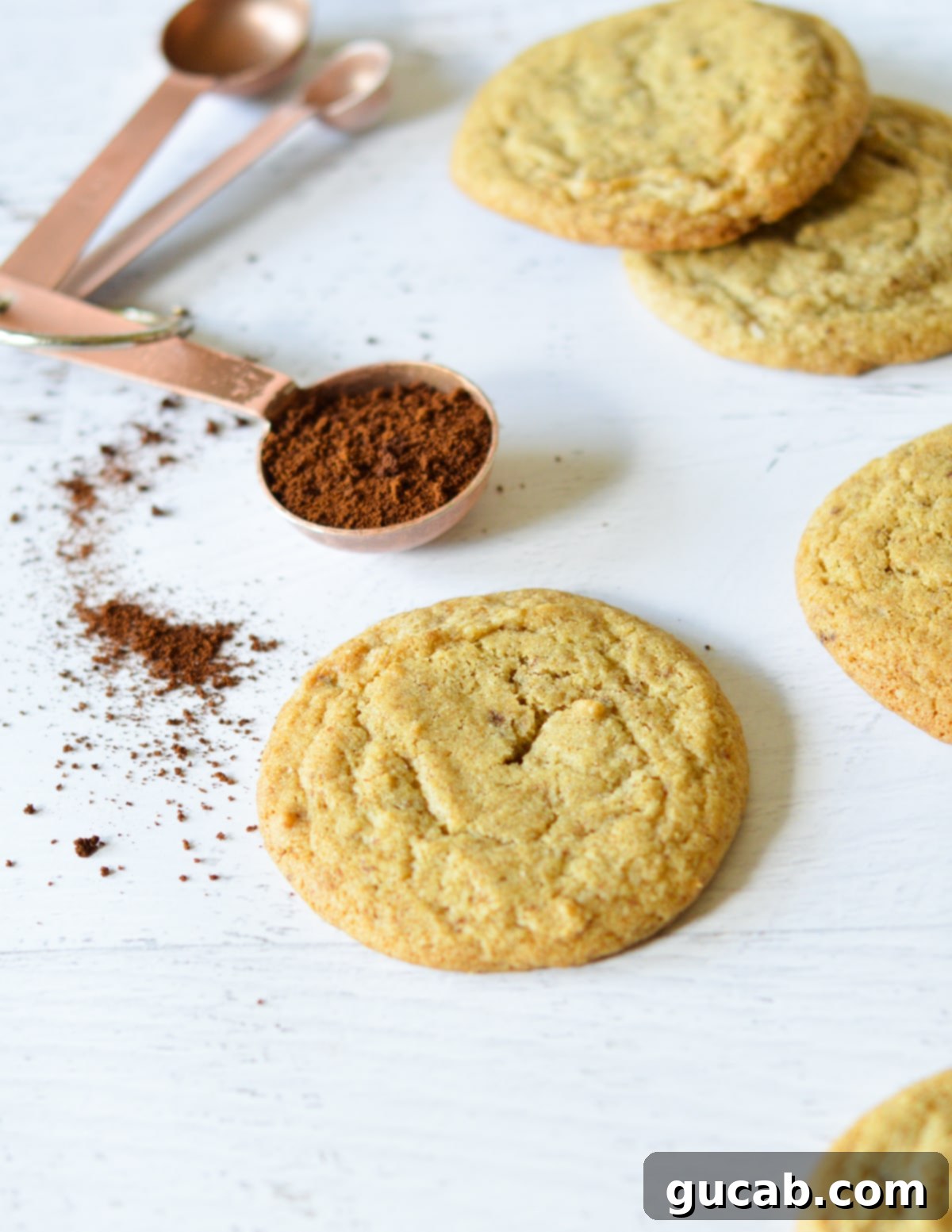 A single coffee-flavored cookie placed beside a small pile of coffee grounds, highlighting its rich coffee essence.