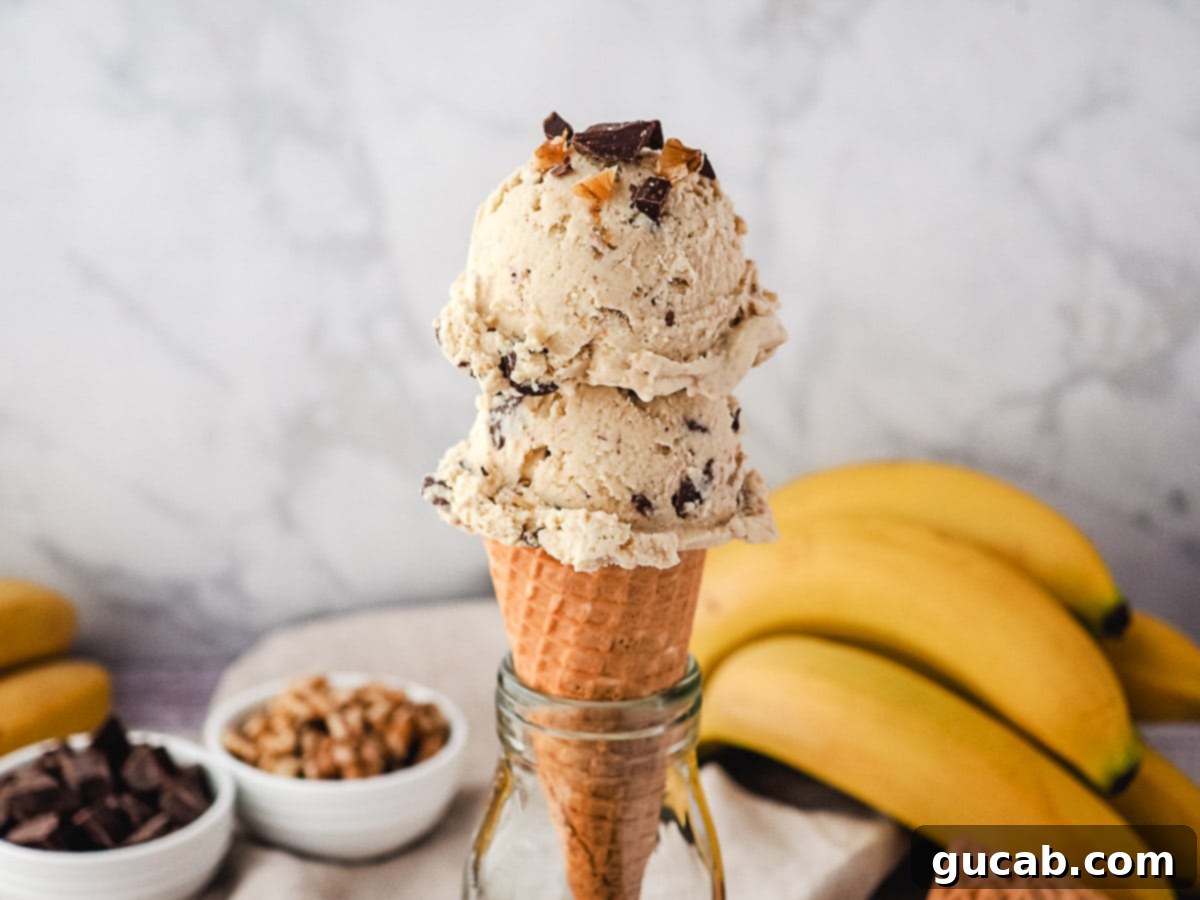 two scoops of chunky monkey ice cream on a cone. 