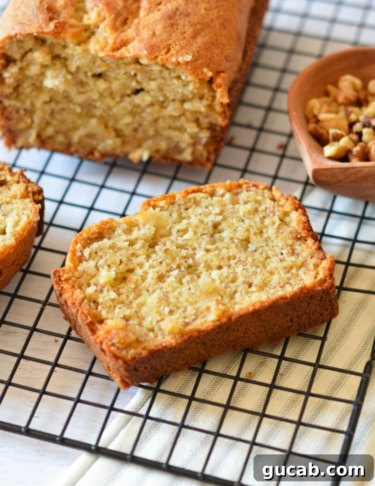 a slice of banana bread. 